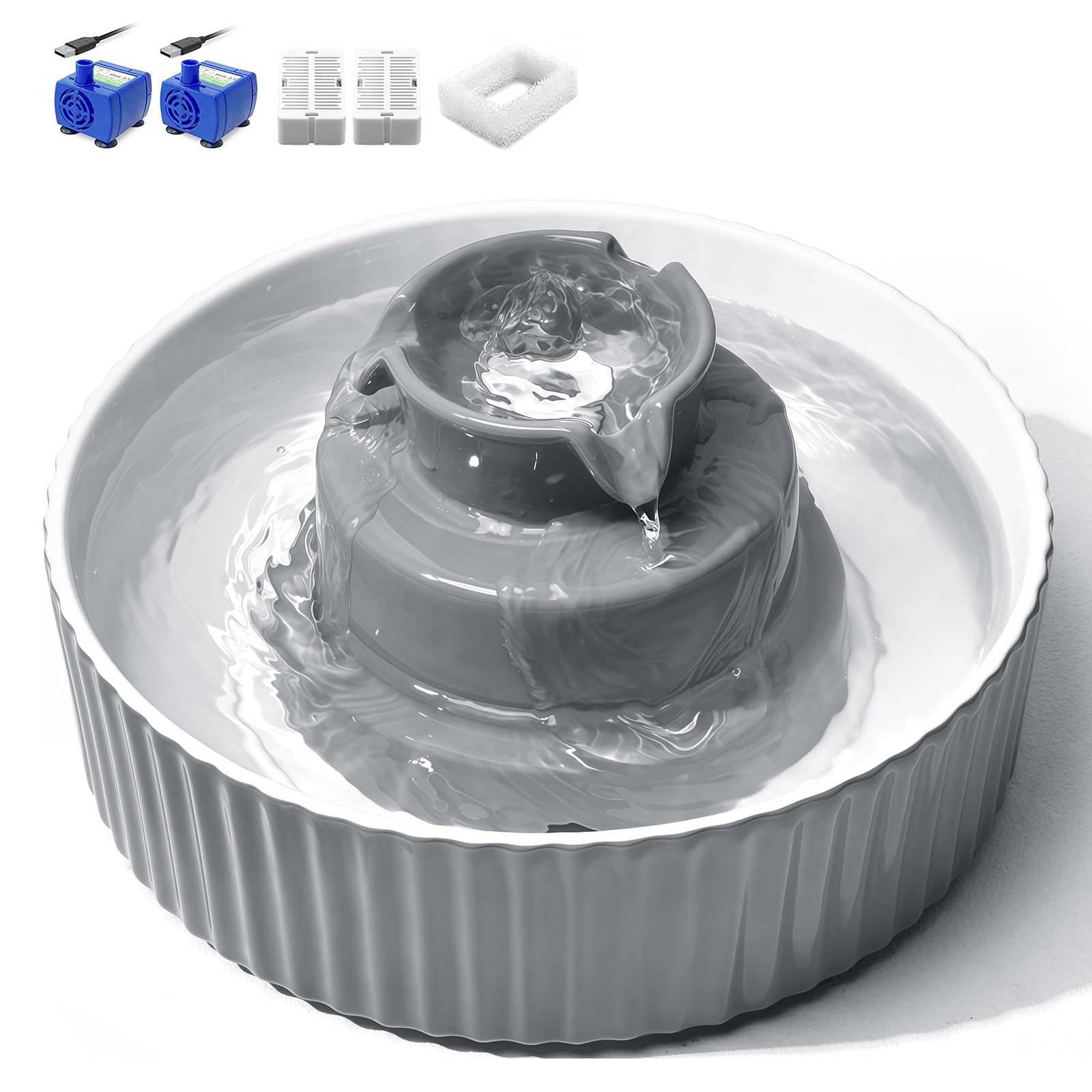 Fuente de cerámica para gatos, VinDox 2,1 L, fuente para gatos y perros, fuente de porcelana, dispensador de agua para gatos con filtro de repuesto y espuma bomba inteligente (gris)