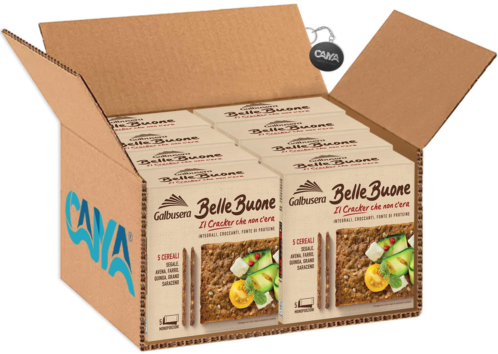 Galbusera Belle Buone Cracker ai 5 Cereali Segale, Avena, Farro, Quinoa e Grano Saraceno 200g [CAIYA® BOX da 8 Confezioni]