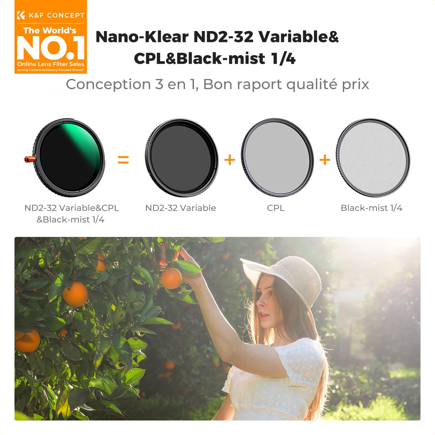 K&F CONCEPT Filtre 67mm ND2-32 Variable et Polarisant CPL et Black-Mist 1/4 3 en 1 pour Objectif Appareil Photo