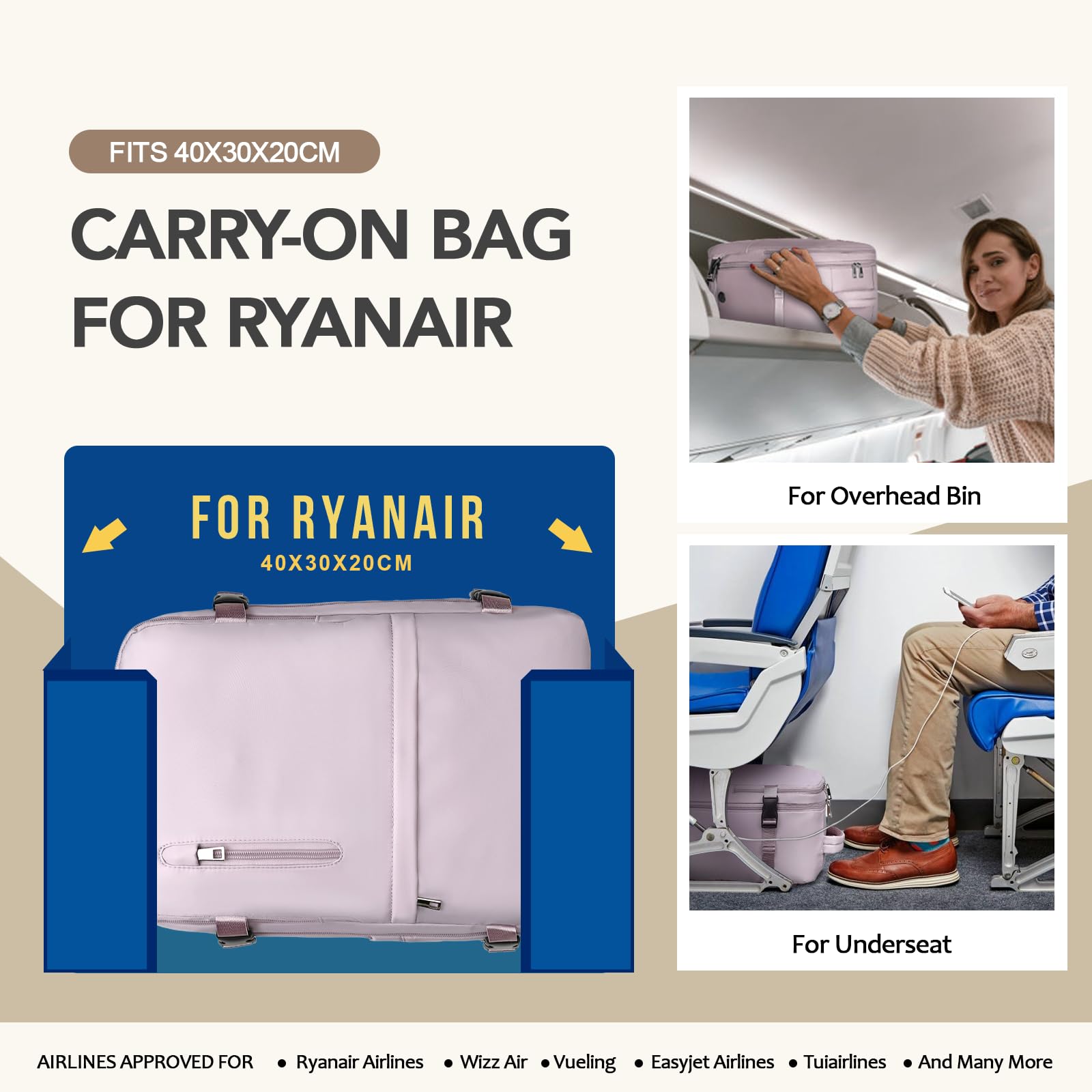 Xkdoai Plecak Ryanair 40 x 30 x 20 Plecak podróżny Ryanair 40x30x20 z torbą antykradzieżową i kieszenią na butelki do krótkich podróży, Jasnofioletowy, 40x30x20cm
