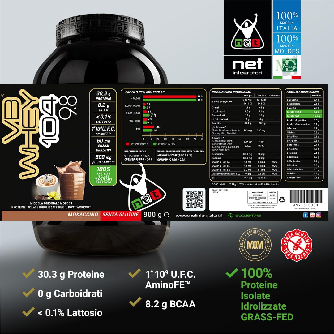 NET Integratori VB WHEY 104 9.8 Optipep - 900g Mokaccino - Proteine Isolate Idrolizzate per via Enzimatica Con EAA e BCAA - Massimizza Sintesi Proteica, Crescita e Mantenimento Muscolare