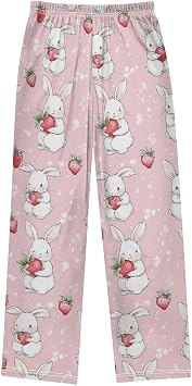Cute Rabbits Pajama Pants Strawberries Pink Pajama Bottoms Soft Sleep Pjs Lounge Pants M
