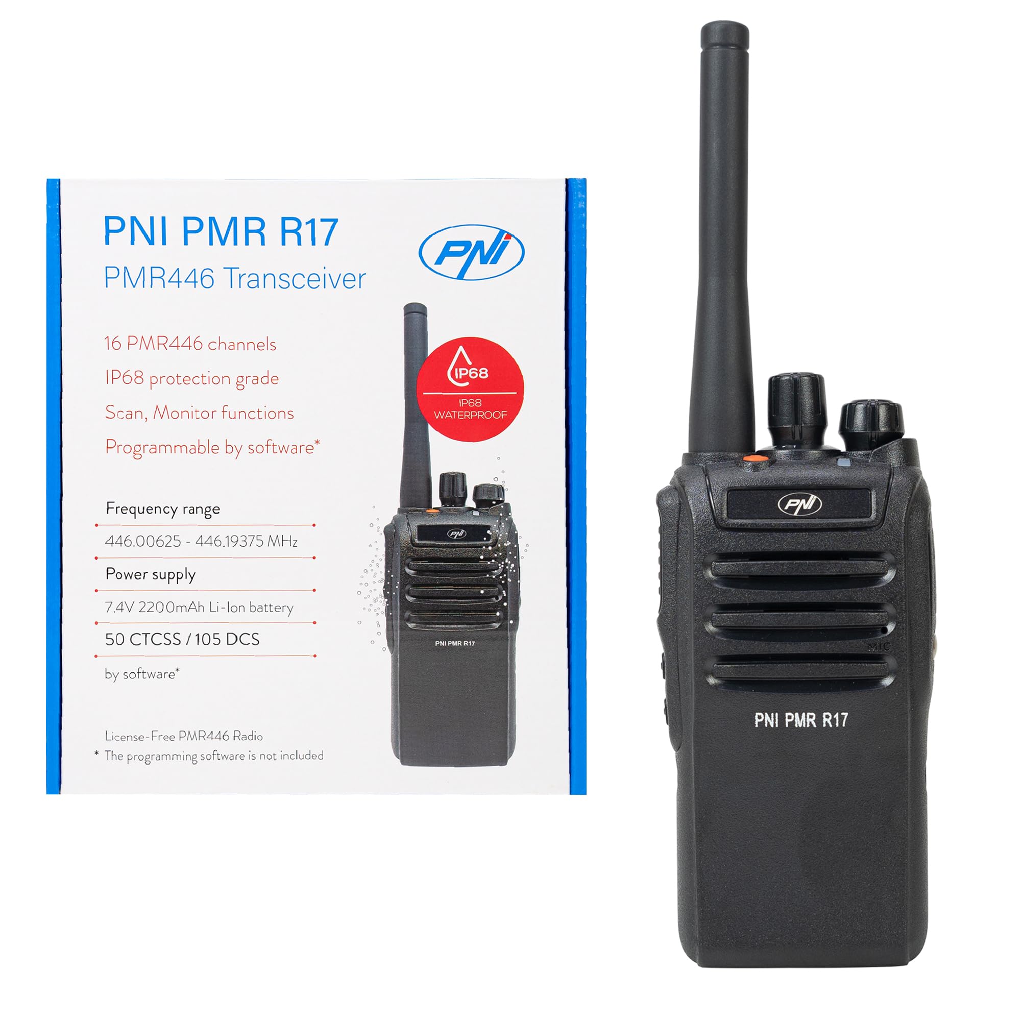 Emisora ​​de Radio portátil PNI PMR R17 446MHz, 0,5W, 16 Canales PMR y 50 Tonos CTCSS y 104 DCS, programable, Li-Ion 2200 mAh, IP68