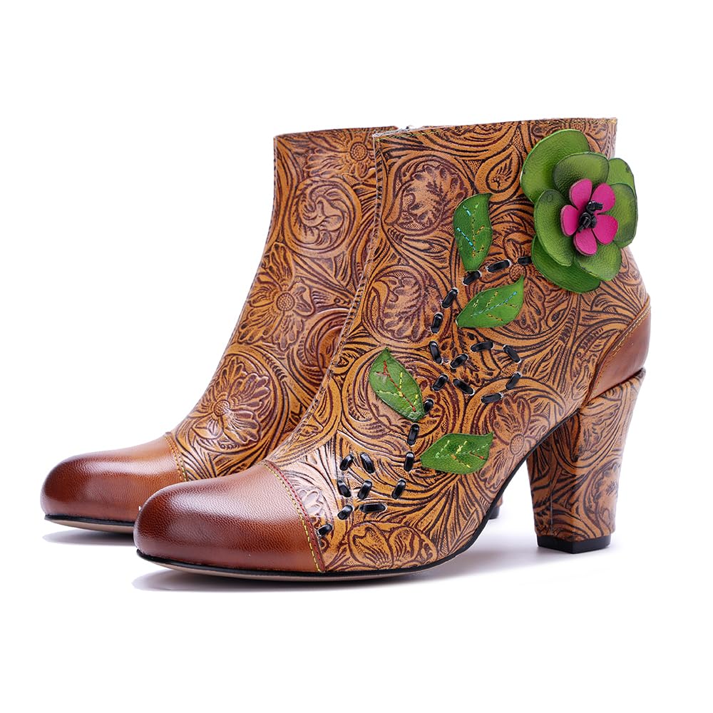 CrazycatZ Womens Block Heels Leather Ankle Boots Vintage Mid Calf Colorful Boots