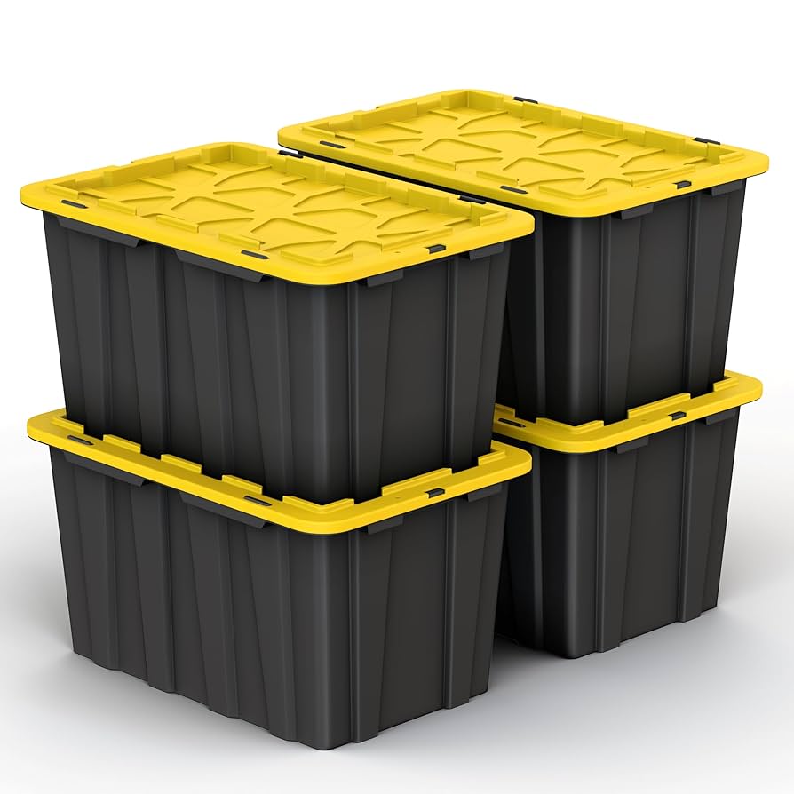 4 Pack of Large 17 Gallon Plastic Storage Bin Tote Organizing Container with Secure Latching Lids, Stackable, Extra Strength Clear with Built in Handle - Black and Yellow
