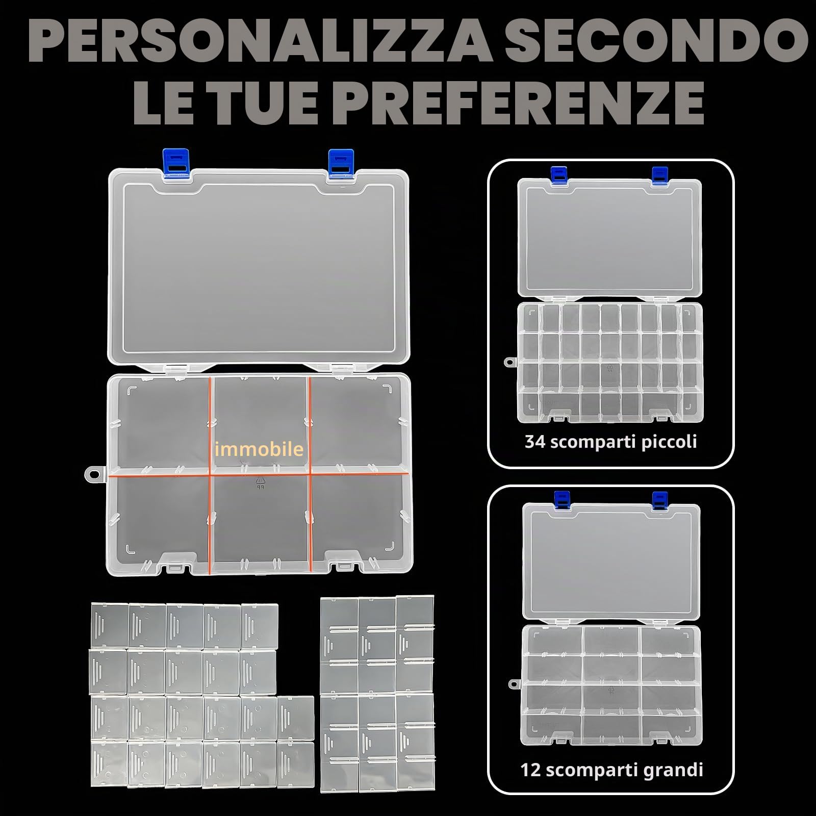 Qualsen Scatole Plastica con Coperchio, 34 Scomparti, Trasparente x 4 Pezzi | Scatola porta Oggetti Porta Minuteria con Divisori Regolabili, Trasparenti per Viti, Perline, Gioielli