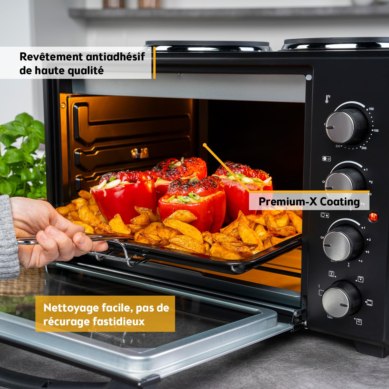 TZS First Austria - Mini-Four avec plaques de cuisson 45L 3200 W - Four à pizza jusqu'à 230°C & revêtement antiadhésif - Multifonction avec 4 hauteurs d'insertion & accessoires de haute qualité
