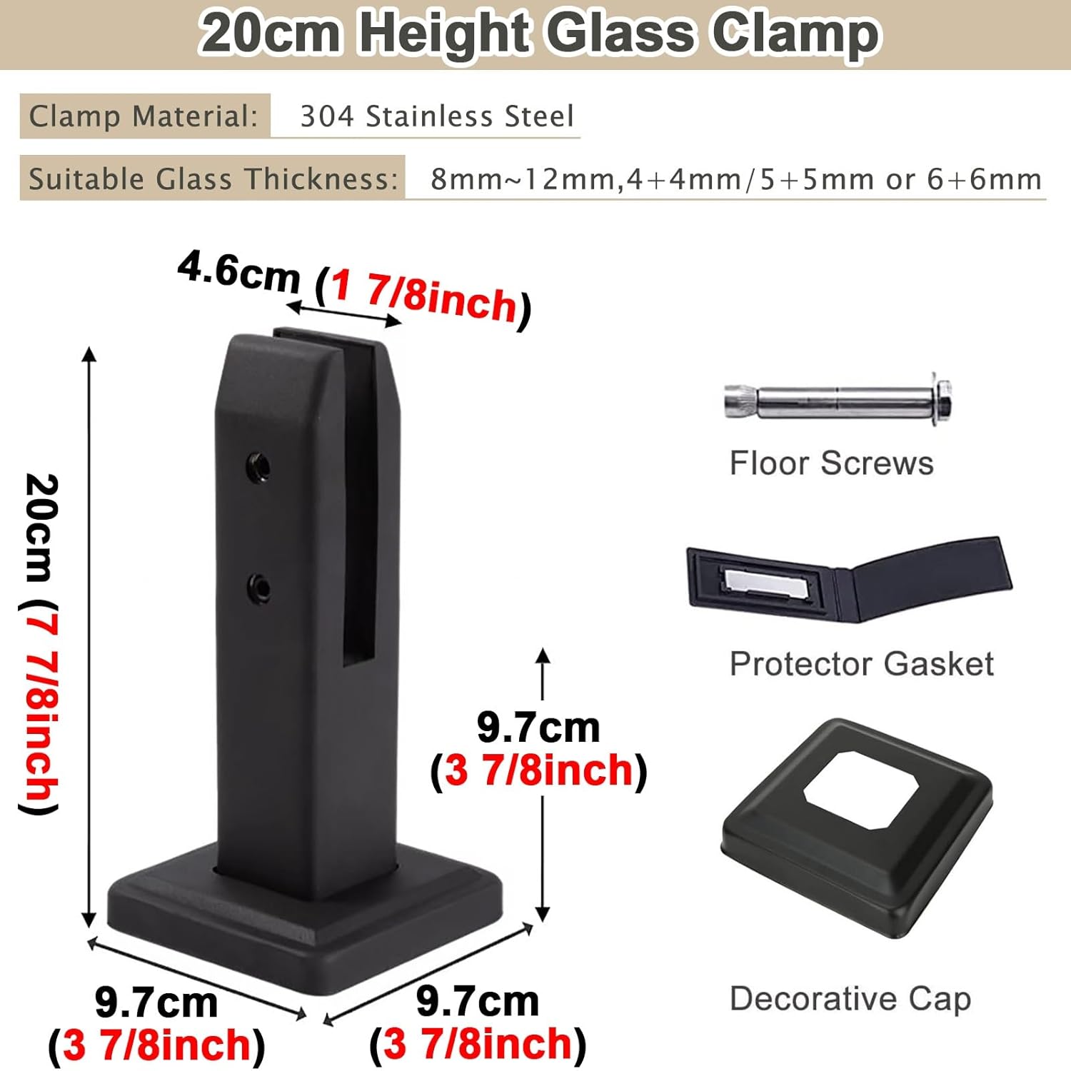 3/8 Glass Railing Floor Clamps Matte Black White, 304 Stainless Steel Glass Clamps Brackets for Outdoor Indoor, Balcony Decking Stairs Fence Glass Spigot Clamp(Black H 7.9",40 Pack)