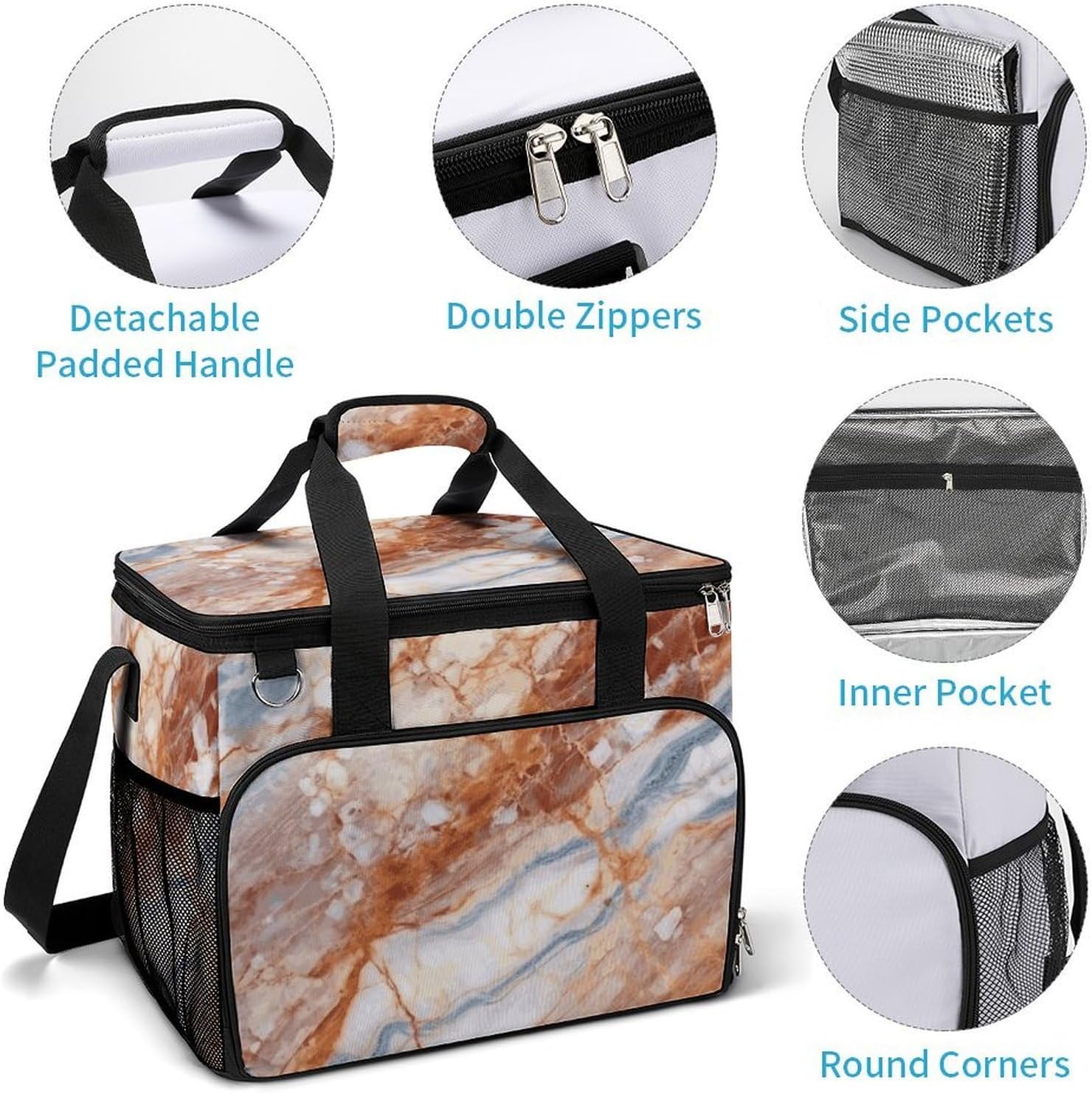 Insulated Picnic Backpack Tote Bag, Large Capacity 30L Marble Cooler Bag Leakproof Beach Bags Portable Lunch Box Waterproof Picnic Basket for Beach Camping BBQ