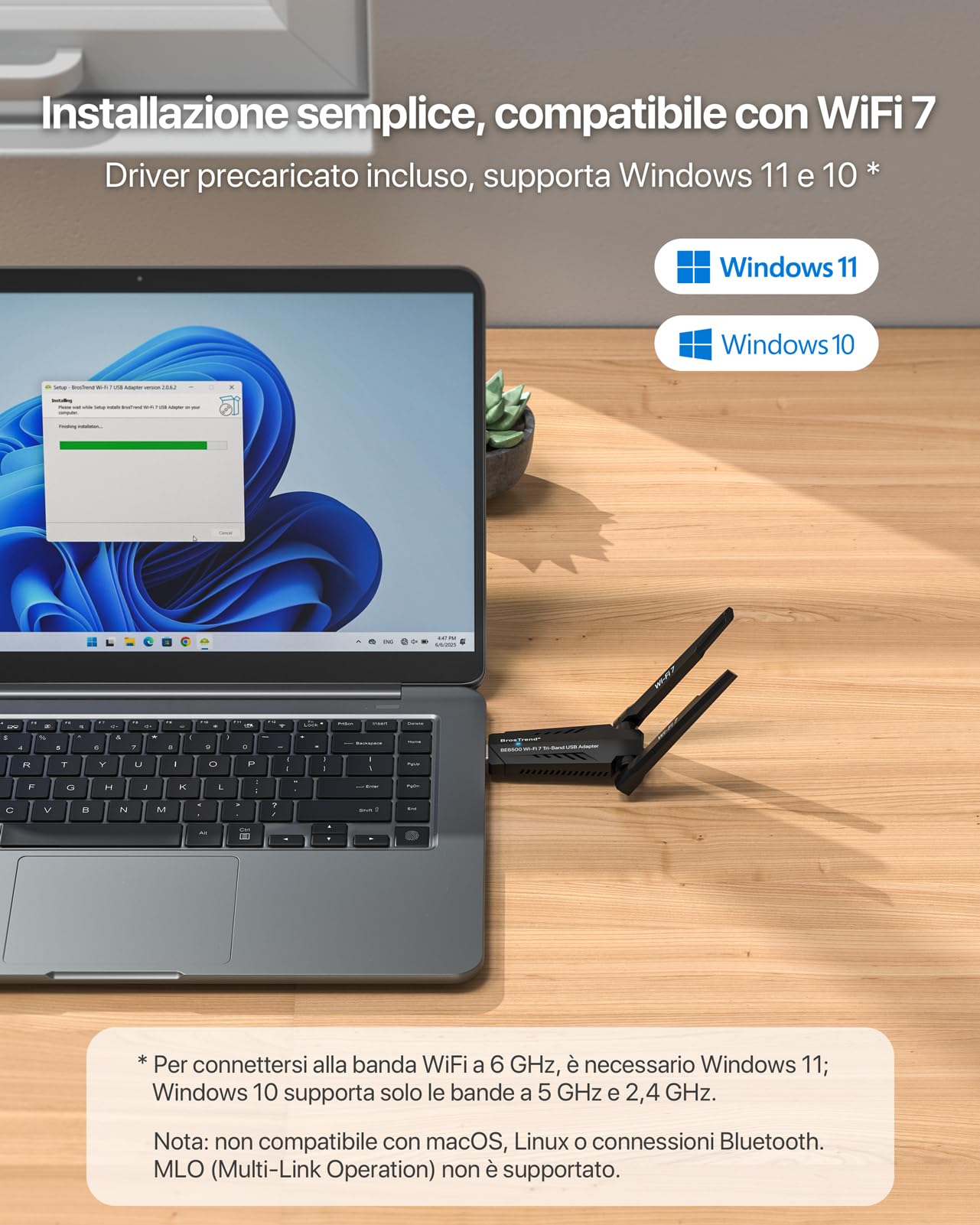 BrosTrend BE6500 WiFi 7 Chiavetta WiFi per PC Fisso, Tri-Band 6GHz/5G/2.4G | Adattatore WiFi USB per Laptop, Scheda di Rete USB Ricevitore, Antenna WiFi USB 3.0 Lunga Portata per Windows 11/10, 4K-QAM