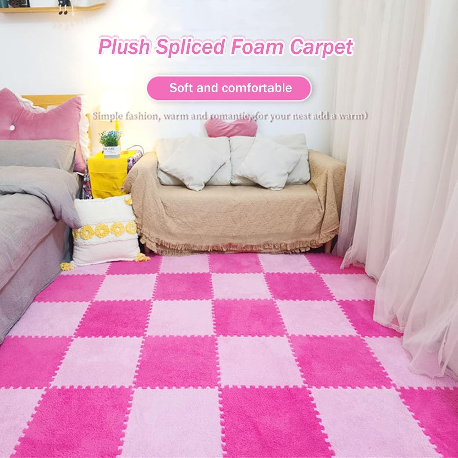 ELzEy プラッシュインターロッキングフォームフロアマット、20プラッシュフォームフロアマット、ベッドルームクロールマット、スクエ