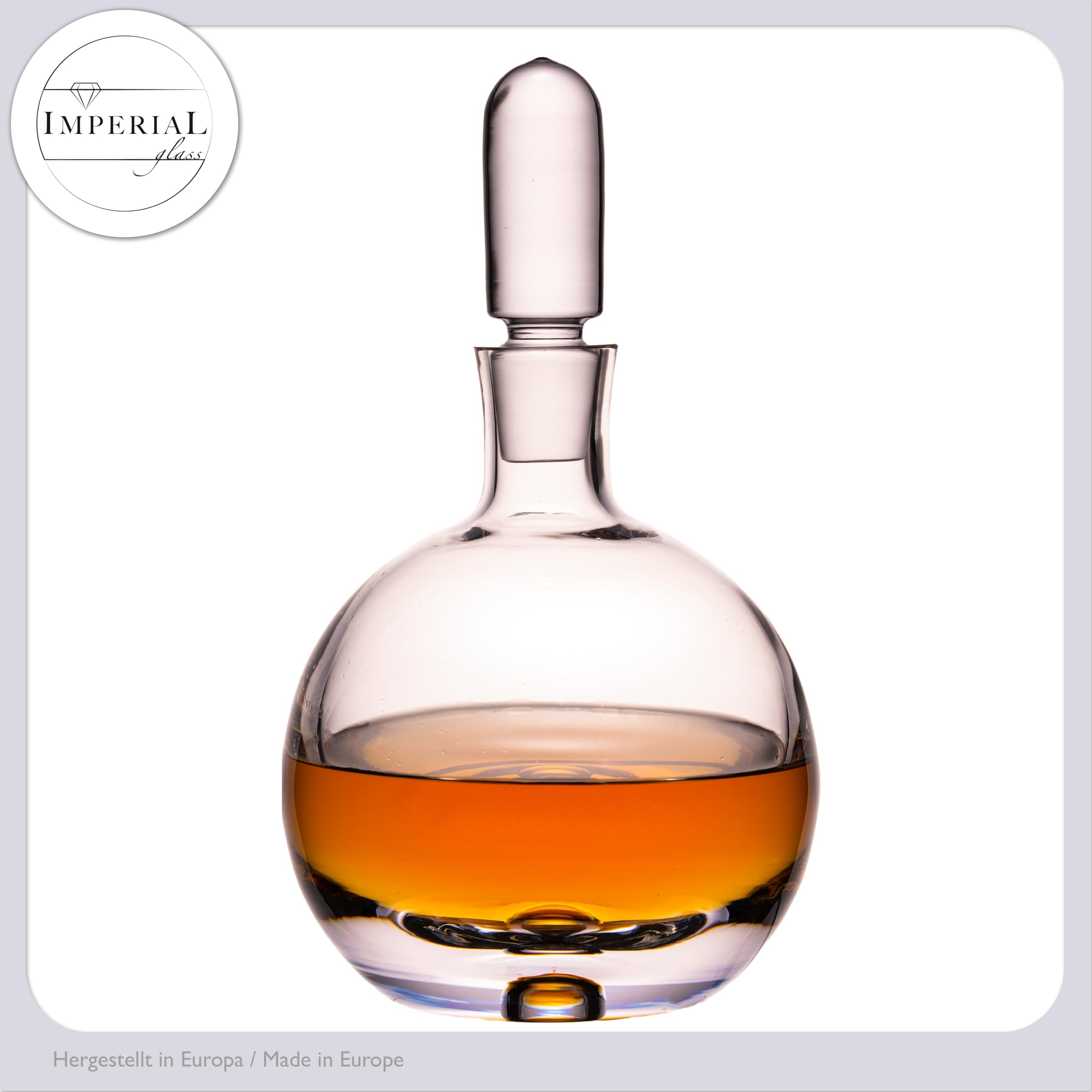 Cognac Karaffe aus Crystalline Glas – kugelförmiger Dekanter mit Glasstopfen und Luftblase im Boden 600ml – Handarbeit
