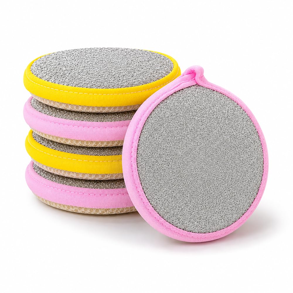 Double-Sided Scrubbing Sponge Pads, Round Shape, Reusable Kitchen Dish Washing Scrubber, Pink and Yellow-image-38