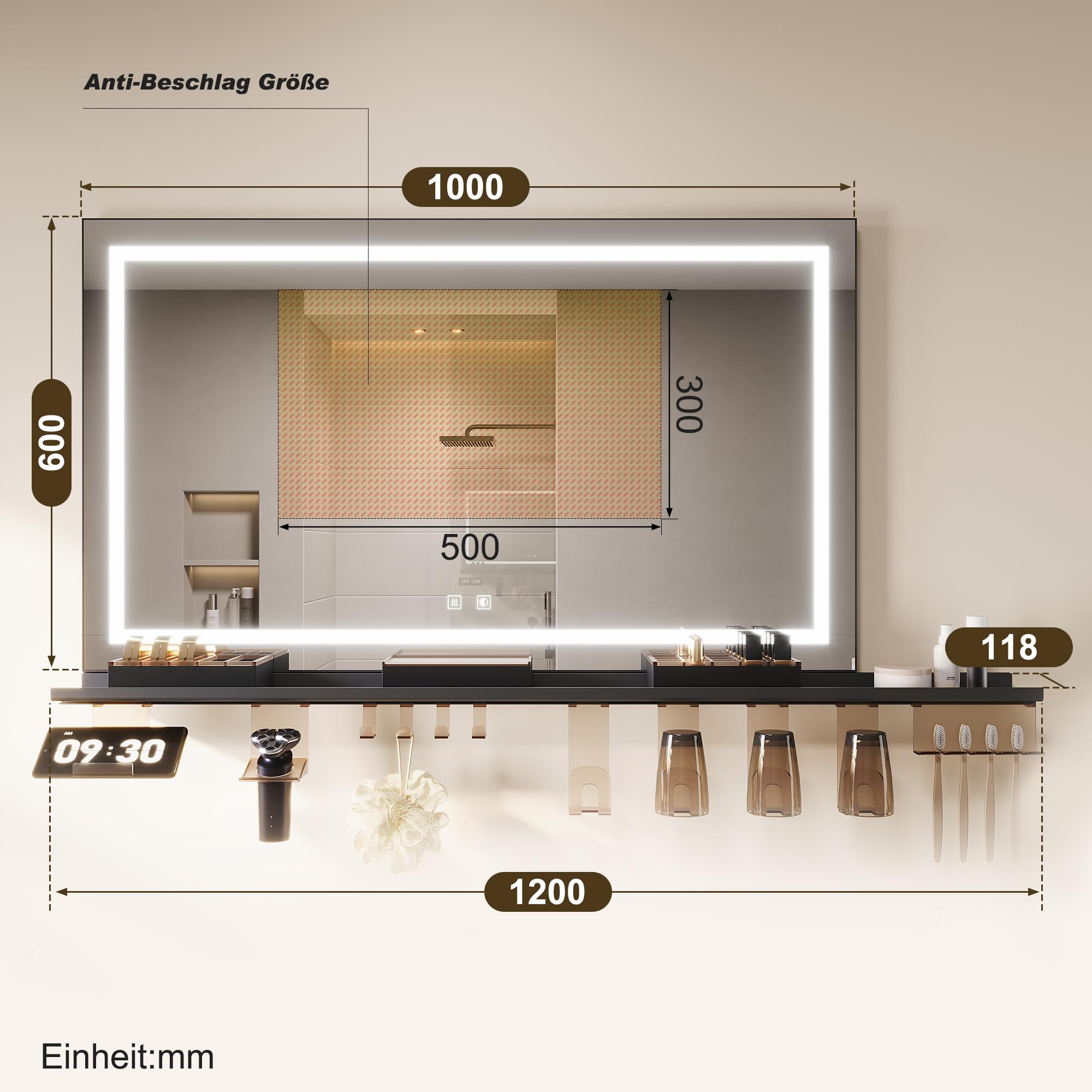 SONNI Lustro łazienkowe LED 100 x 60 cm z półką 120 cm, lustro dotykowe, 3 kolory światła, ochrona przed zaparowaniem, półka z uchwytem na telefon komórkowy + hak + uchwyt na szczoteczki do zębów +