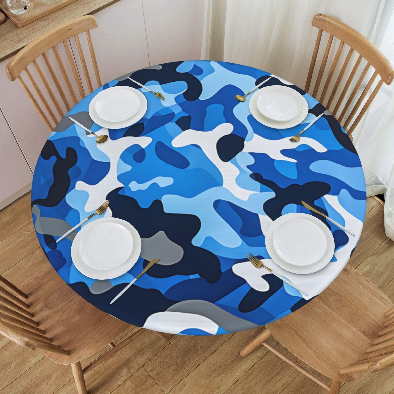 Mexpekil Round Fitted Table Cover with Elastic Edged Blue Camouflage Wipe Clean Tablecloth Waterproof Table Protector for Outdoor S fits 40-44 Inch Round Table