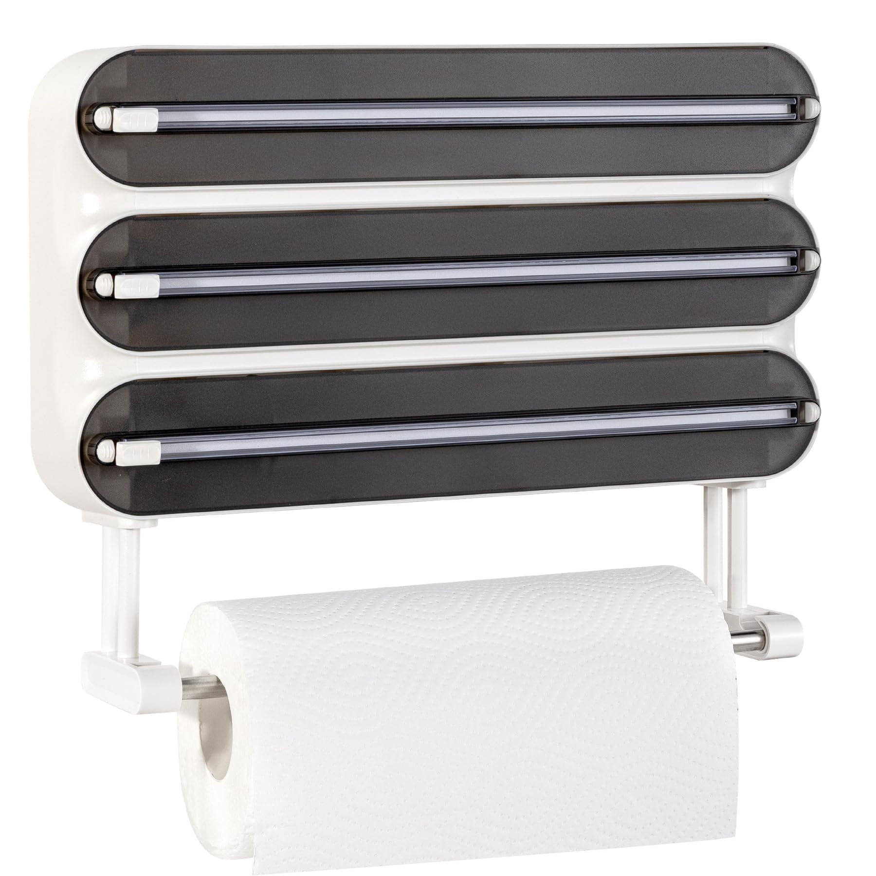Dispensador Papel Aluminio y Film con Soporte Extraíble - Adhesión Magnética, Fácil de Instalar y Ahorra Espacio, 4-en-1 Portarollos Papel Cocina de Pared - Organizador con Cortador, Negro