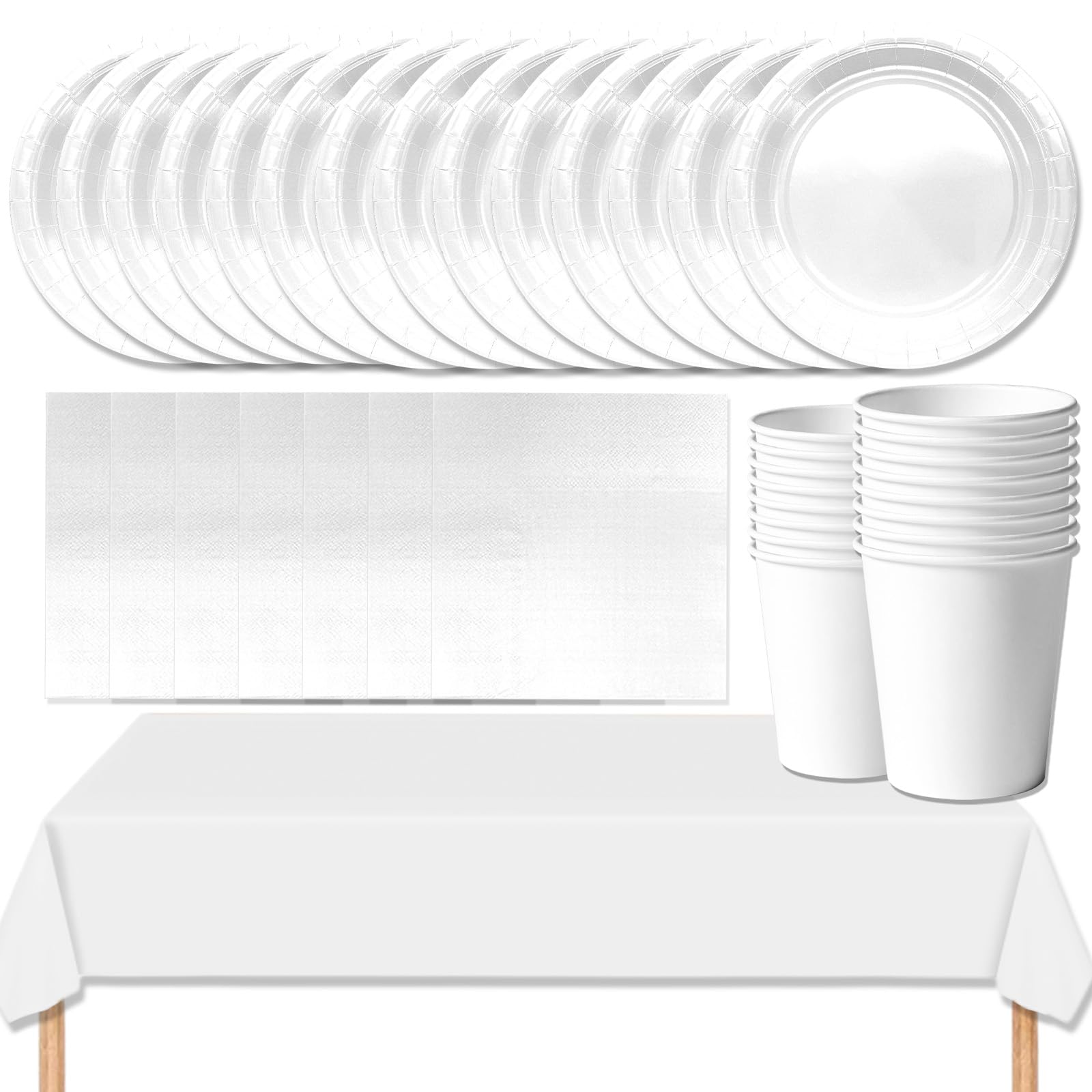 MOMAHUA 53P Party Tableware Set,White Dinnerware Set with Plates,Tablecloth,Napkins,Cups,Solid Color Table Decorations for Birthday,Wedding,Picnic,Baby Shower,Party Supplies for 16 Guests — image 1
