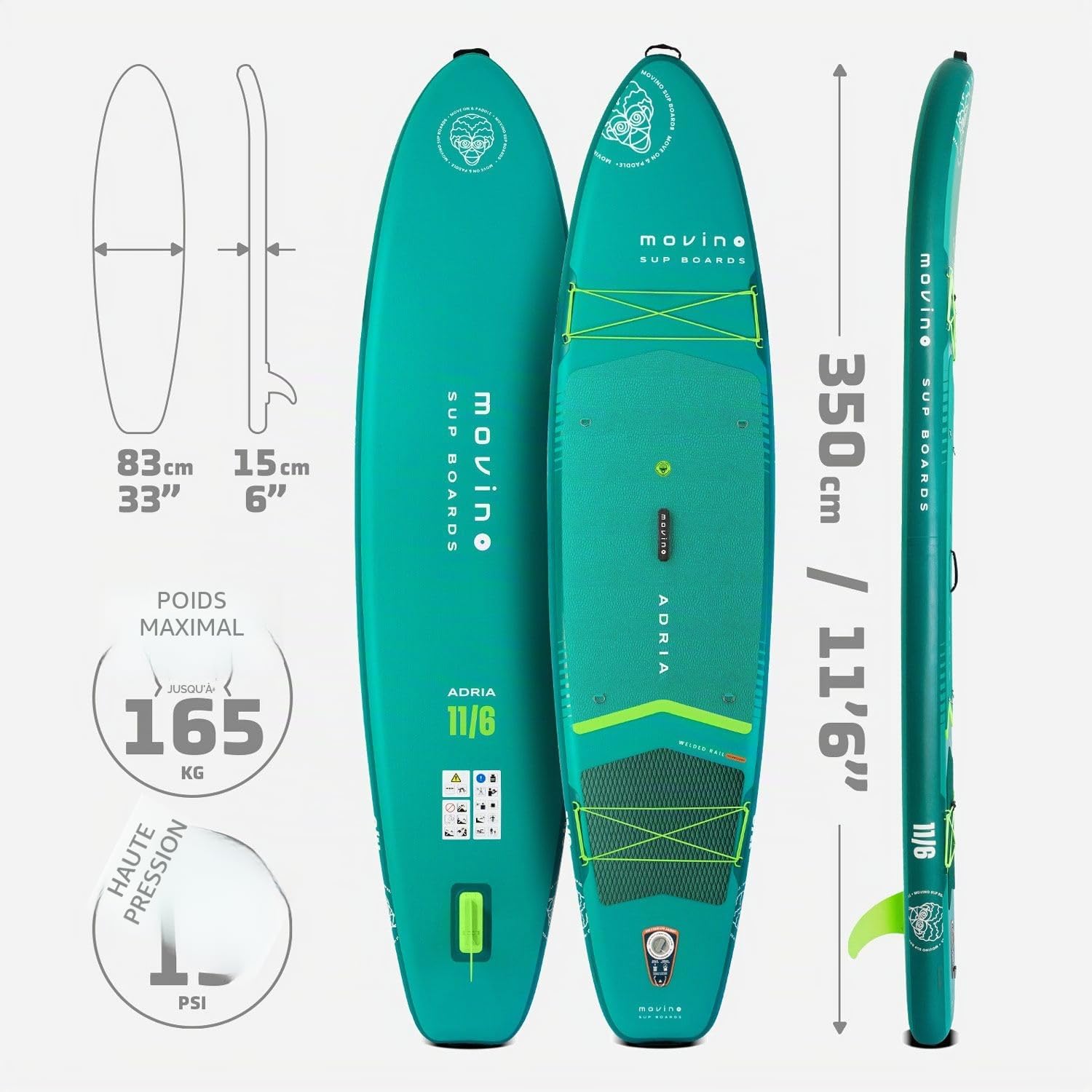Movino Paddle Gonflable Adulte - 2in1 Sup Kayak - Jusqu’à 165 kg - avec Pagaie - 350 x 83 x 15 cm - Planche de Stand Up Paddle Adria 11’6"