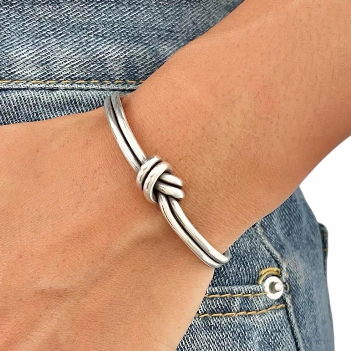 Handmade Sterling Silver Knot Cuff Bracelet, Minimalist Rustic Simple Tied Silver Wires, Adjustable 6 7/8 inches Cuff, Women size M-L, Men size S-M, Gift for Her or Him
