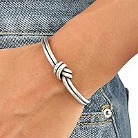Vista 1 de Handmade Sterling Silver Knot Cuff Bracelet, Minimalist Rustic Simple Tied Silver Wires, Adjustable 6 7/8 inches Cuff, Women size M-L, Men size S-M