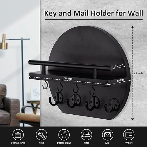 Miniatura 3 de Nekon Llavero para pared, decoración de pared de apartamento de 9.8 pulgadas con estante y 8 ganchos para llaves, colgante circular de madera para