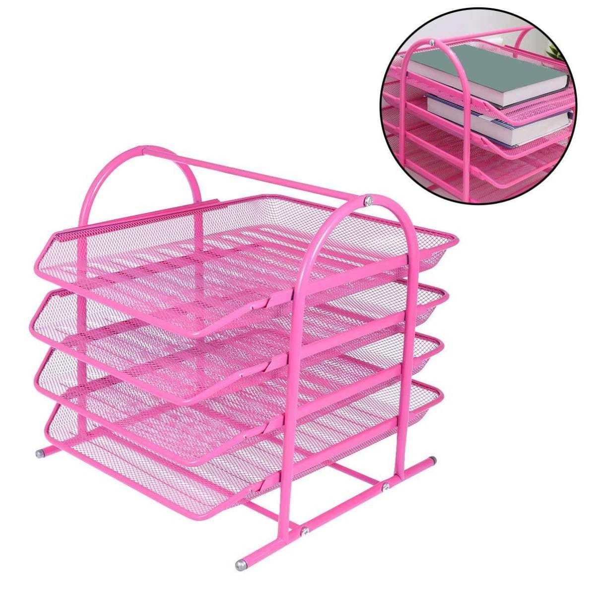 Balacoo Organizador de Archivos de Hierro de 4 Capas para Escritorio Rosa