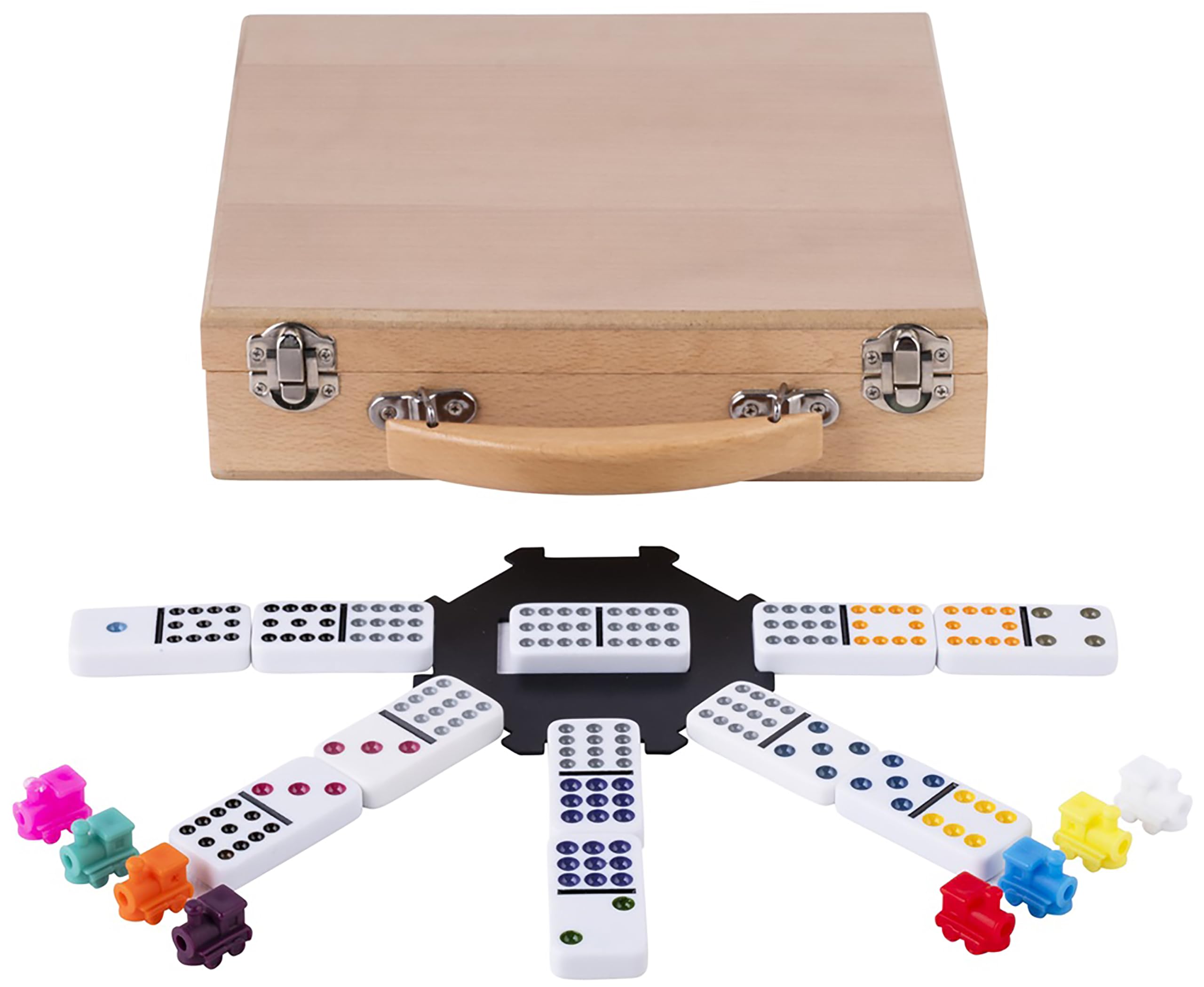 Engelhart – 250150 – Mexican Train – domino D12 – 91 elementów – drewniane pudełko – stacja i pociągi – gra 2–8 osób – 6+
