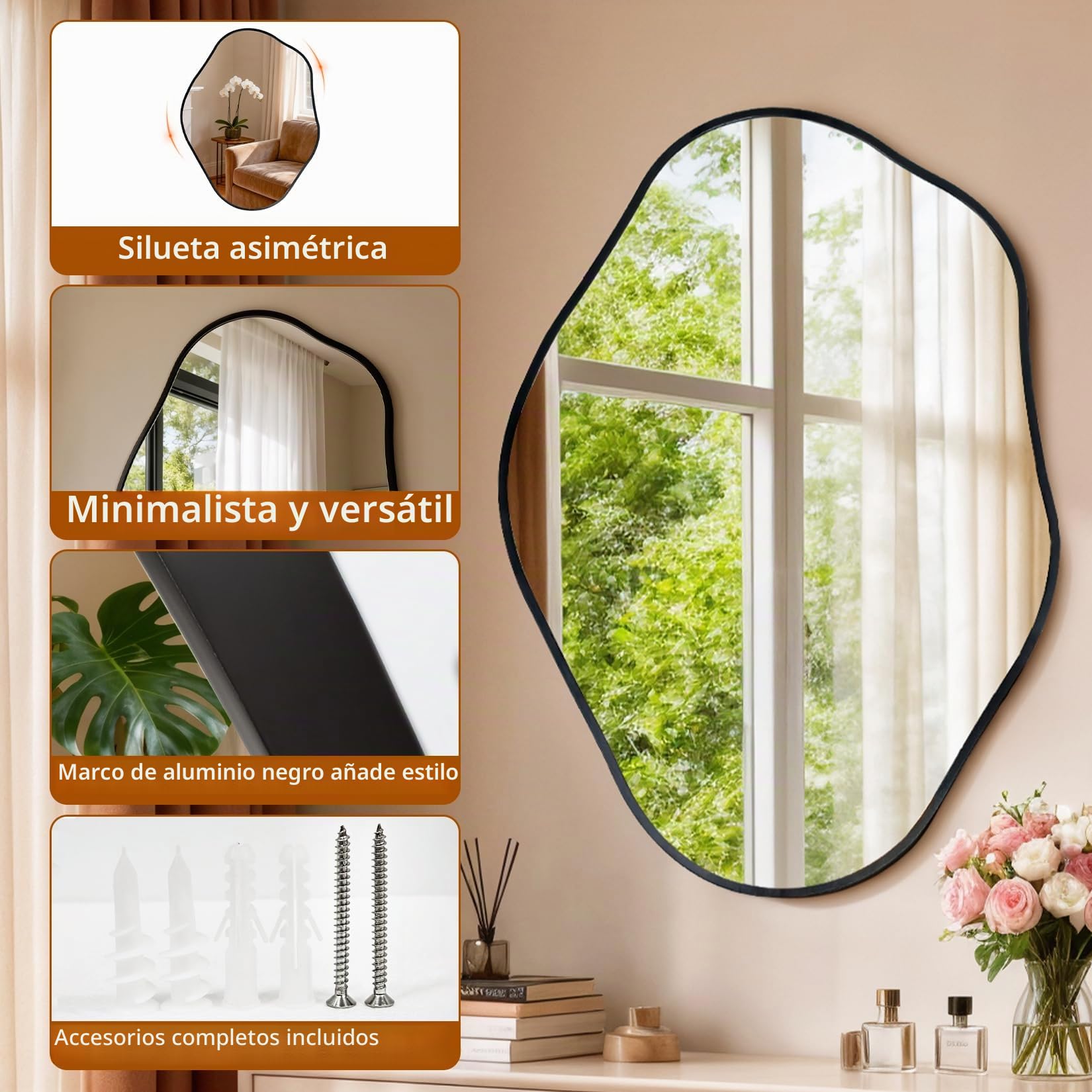 Espejo de Pared Irregular Asimétrico 60x80cm, Espejos Decorativos de Pared Único, Espejo Baño Irregular para Baño Dormitorio Sala de Estar Entrada, Negro