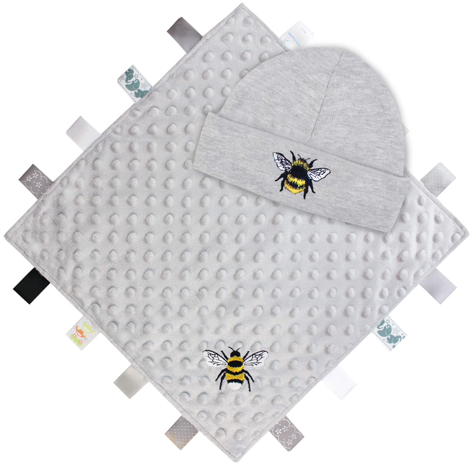 TeddyTs Bumble Bee Taggy Ribbon Comforter Blanket and Baby Hat Gift Set, Grey, 36cm x 36cm
