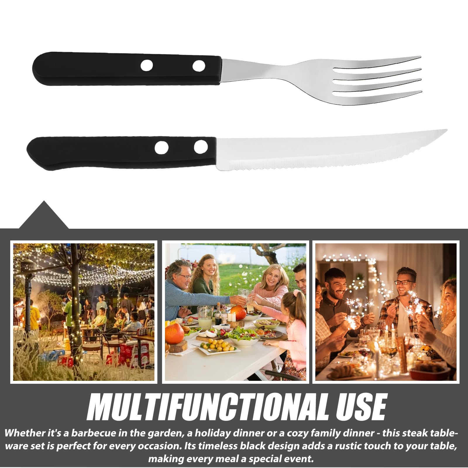 Cubertería de carne de 30 piezas, cuchillería para 15 personas, cuchillos de carne, tenedor y bistec, cubiertos de acero para bistec (negro)