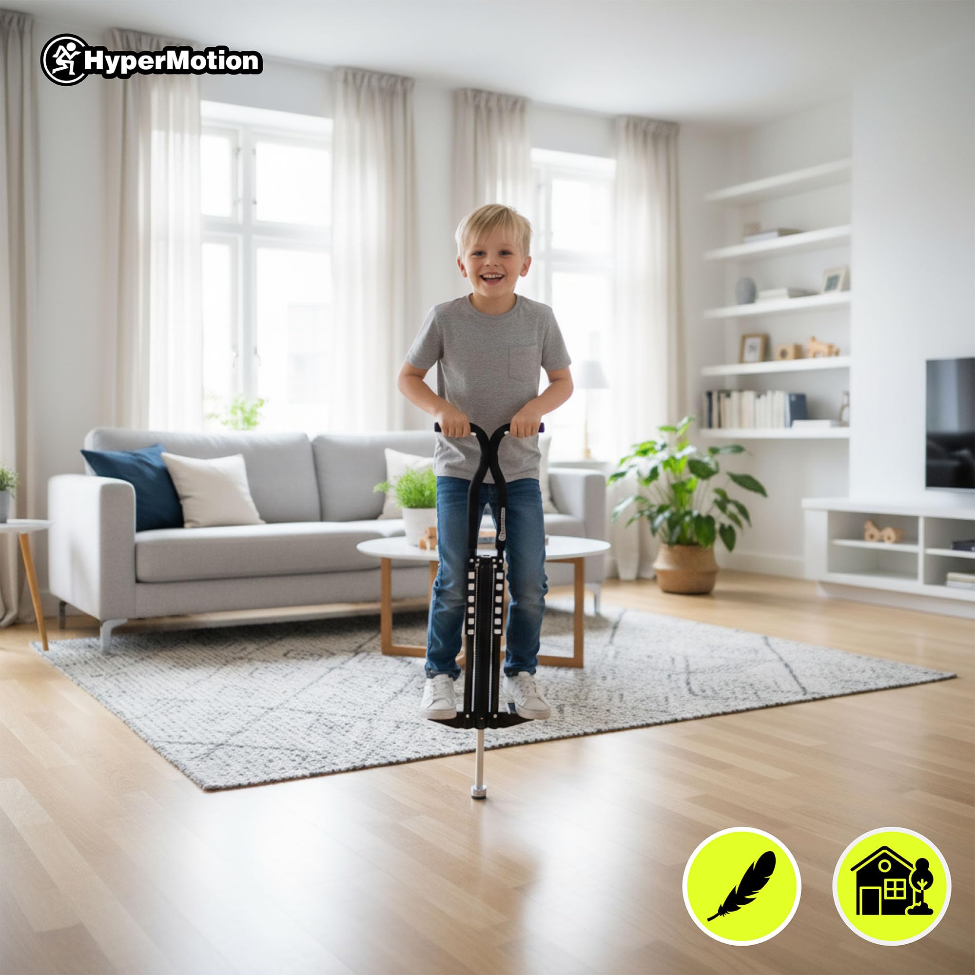 HyperMotion Skoczek Sprężynowy POGO dla Dzieci 9–14 Lat, Stalowa Konstrukcja, Maks. 50 kg, Lekki 2,35 kg, Antypoślizgowa Stopka, Czarny