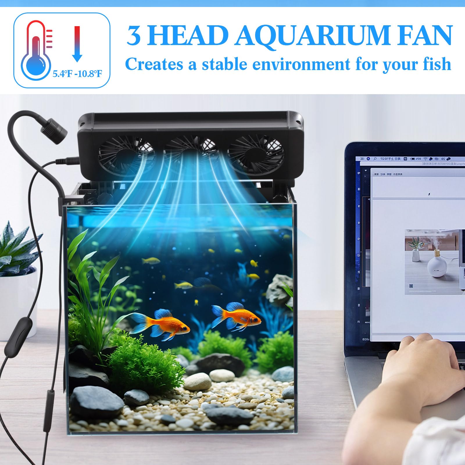 Tujoe 2 ventiladores de acuario de 3 cabezales ajustables con temporizador, 5 velocidades de viento, funcionamiento silencioso para tanques de agua dulce y salada