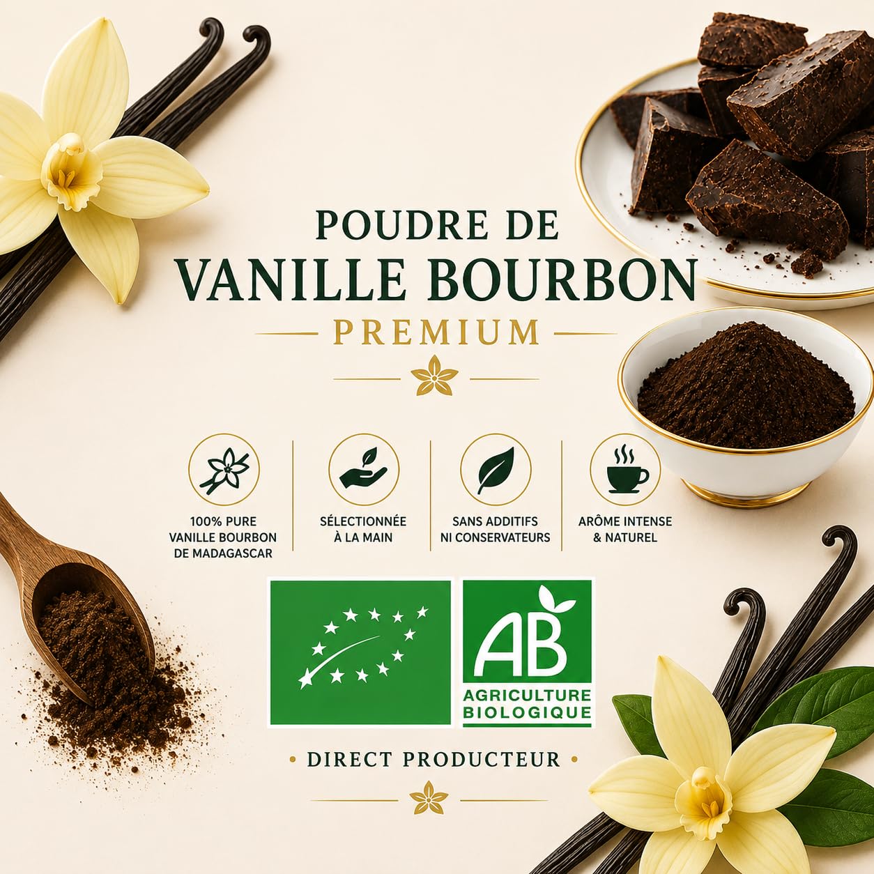 Masse de Cacao Cérémonial 500g – 100% Pur + Poudre Vanille Bourbon BIO 10g Offerte – Direct Producteur – Notre Coopérative – COMPTOIR DES EPICES MADAGASCAR