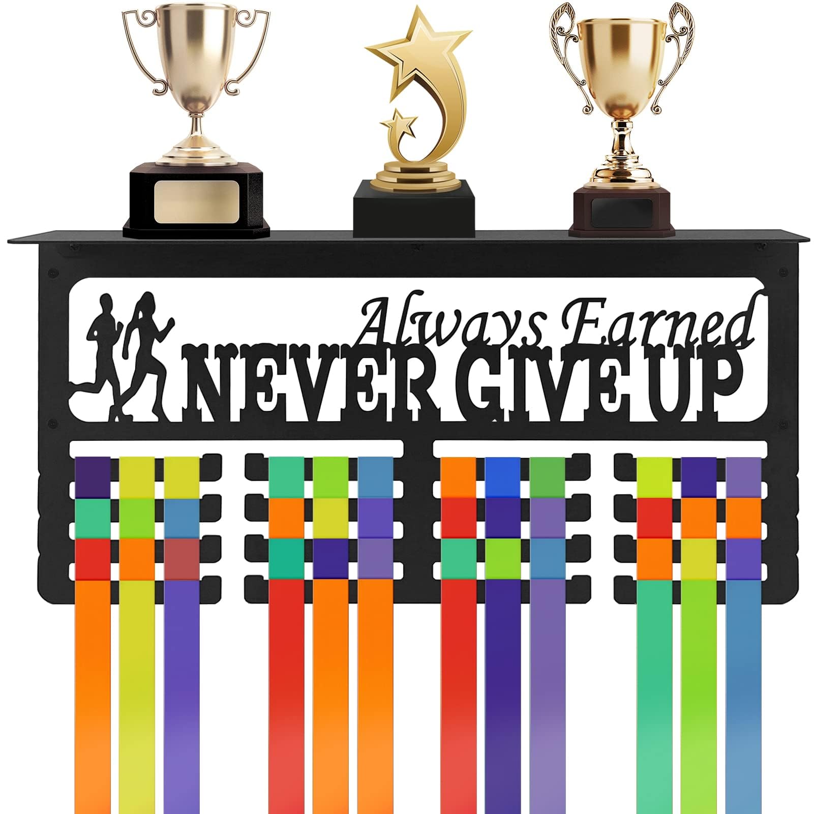 Medal Hanger Display with Trophy Shelf, Rack Frame Wall Mount Medal Hanger, Easy to Install, Metal Awards Rack for Walls Holds 64+ Sports Medals, Our Never Give Up 16" Medals Holder