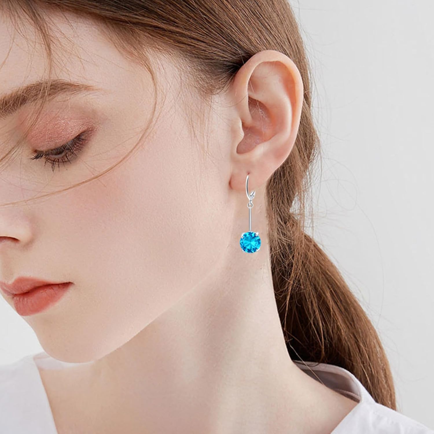 VONSSY Gemstone Drop Dangle Earrings | Platinum/Gold Plated Leverback Crystal Cubic Zirconia Hanging Red/Pink/Blue Earrings - Image 7