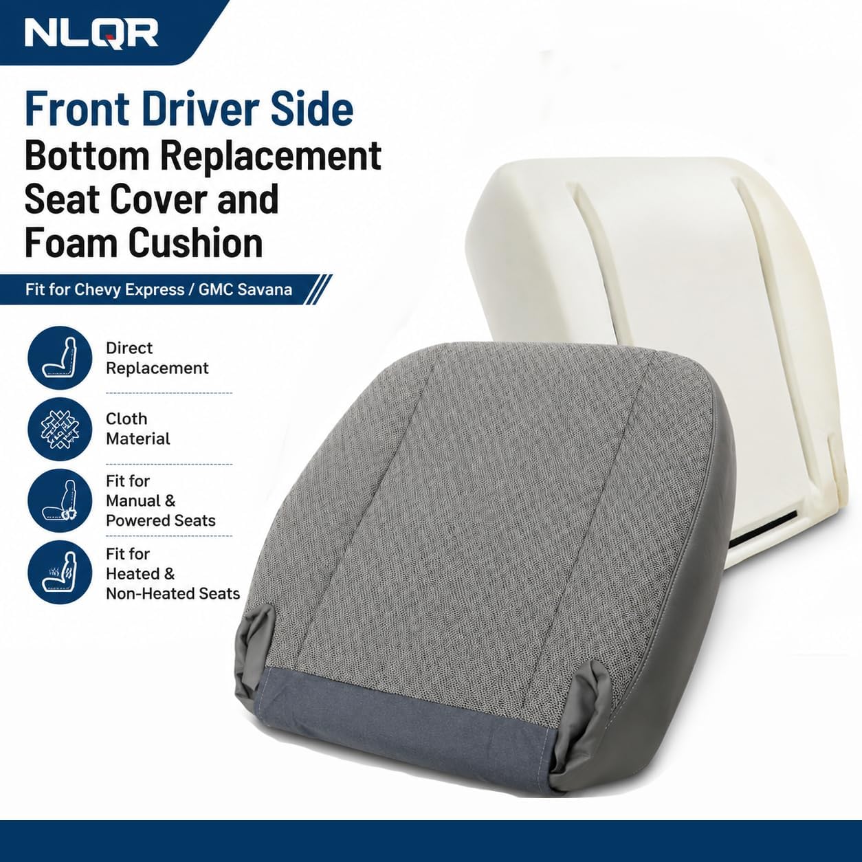 NLQR Gray #93G Front Driver Side Bottom Replacement Cloth Seat Cover+Foam Cushion Custom Fit for Chevy Express GMC Savana 1500 2500 3500 Van 2003 2004 2005 2006 2007 2008 2009 2010 2011 2012 2013 2014