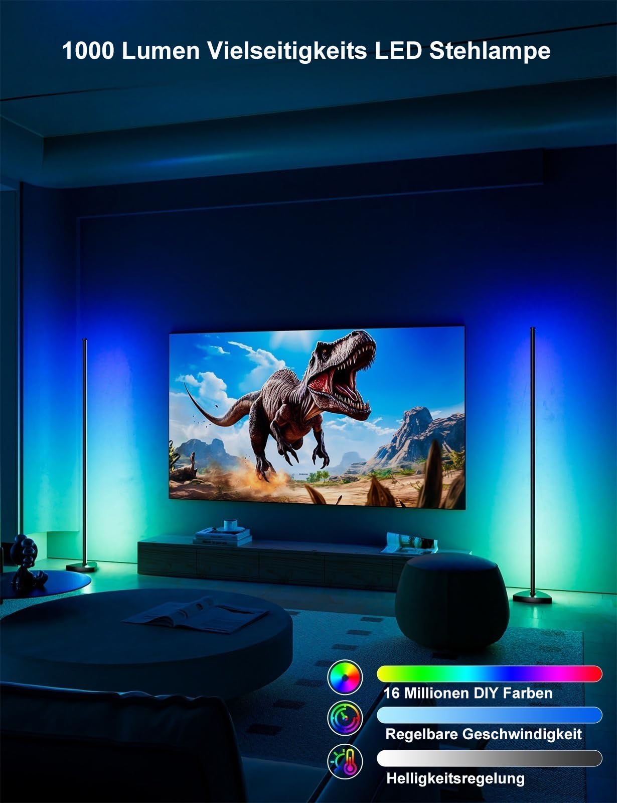 Lampada da terra a LED, 180 cm, con telecomando e controllo app, 16 milioni di colori fai da te, musica sincronizzata, luce bianca calda, ad angolo, per soggiorno, camera da letto, sala giochi