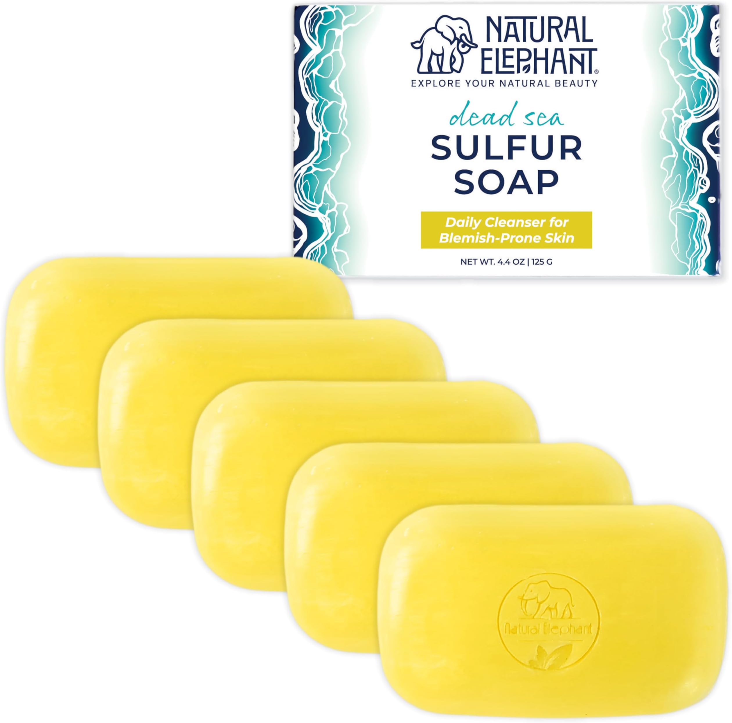 Dead Sea Sulfur Soap 4.4 oz with Dead Sea Salt, Aloe Vera, Sulphur Face and Body Bar for All Skin Types (5 Pack (22 oz Total))