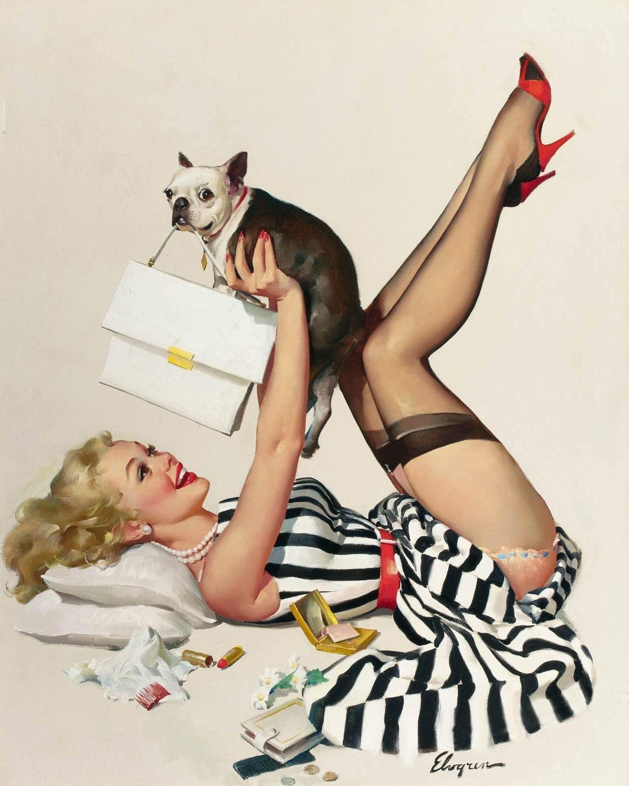 Magnet Lucky Dog Pug 1958 Vintage Style Elvgren Pin-Up Girl Dog Magnet Vinyl Magnetic Sheet for Lockers, Cars, Signs, Refrigerator 5"