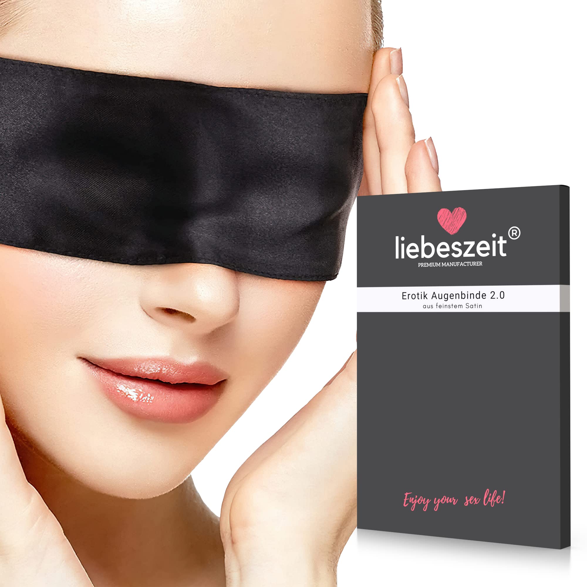 LIEBESZEIT© Premium Augenbinde für Frau Sex - Erotische Augenmaske -DAS ORIGINAL- Augenbinde Schwarz Blindfold Mask aus Satin - 100% Blickdicht Fesseln Bondage Sextoysets Sexpielzeug für Paare Extrem