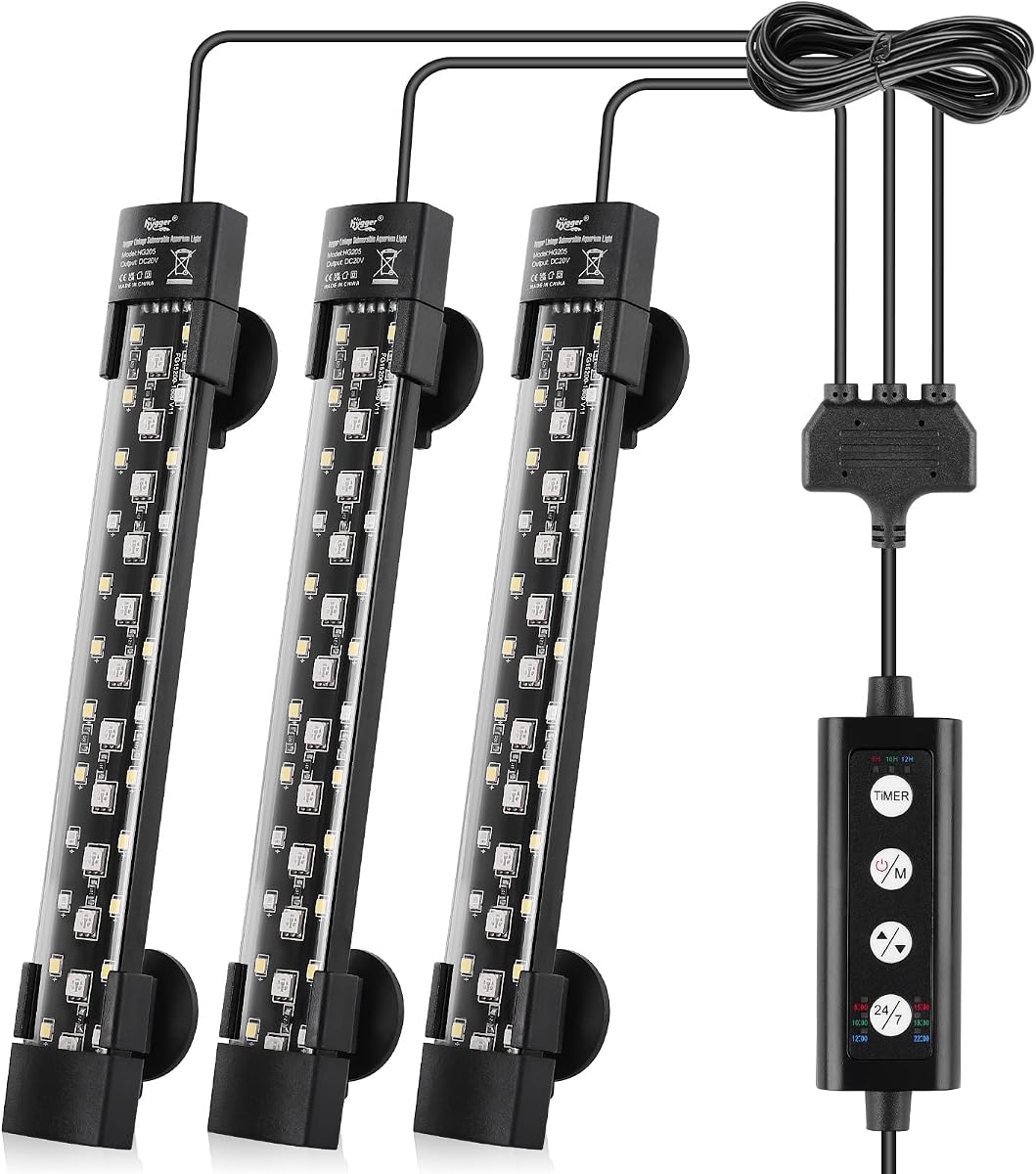 Luz LED sumergible para acuario con controlador de doble canal, modo 24/7, luz oculta de espectro completo para pecera con 3 filas de cuentas, 7 colores, encendido automático, brillo del temporizador ajustable (3)
