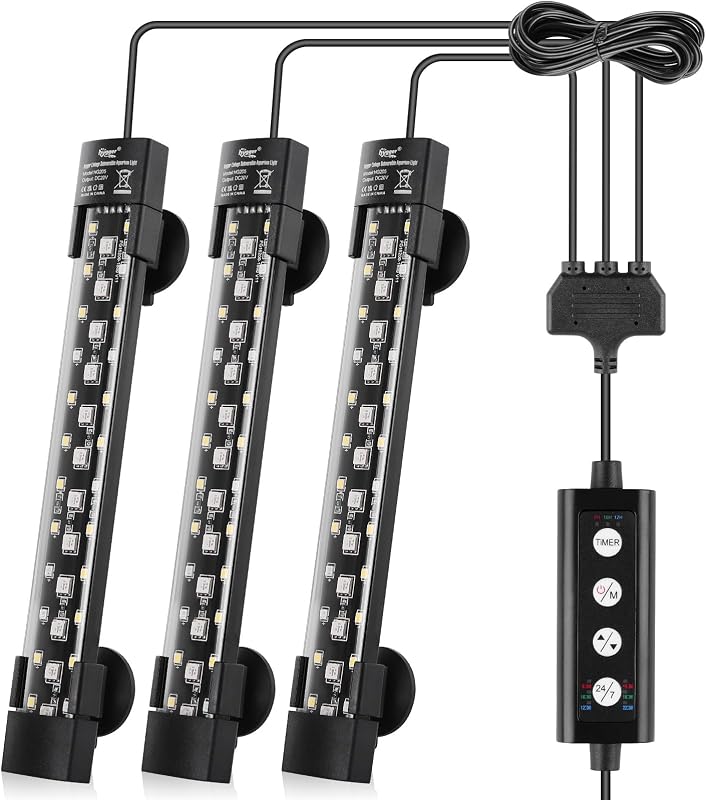 Luz LED sumergible para acuario con controlador de doble canal, modo 24/7, luz oculta de espectro completo para pecera con 3 filas de cuentas, 7 colores, encendido automático, brillo del temporizador ajustable (3)