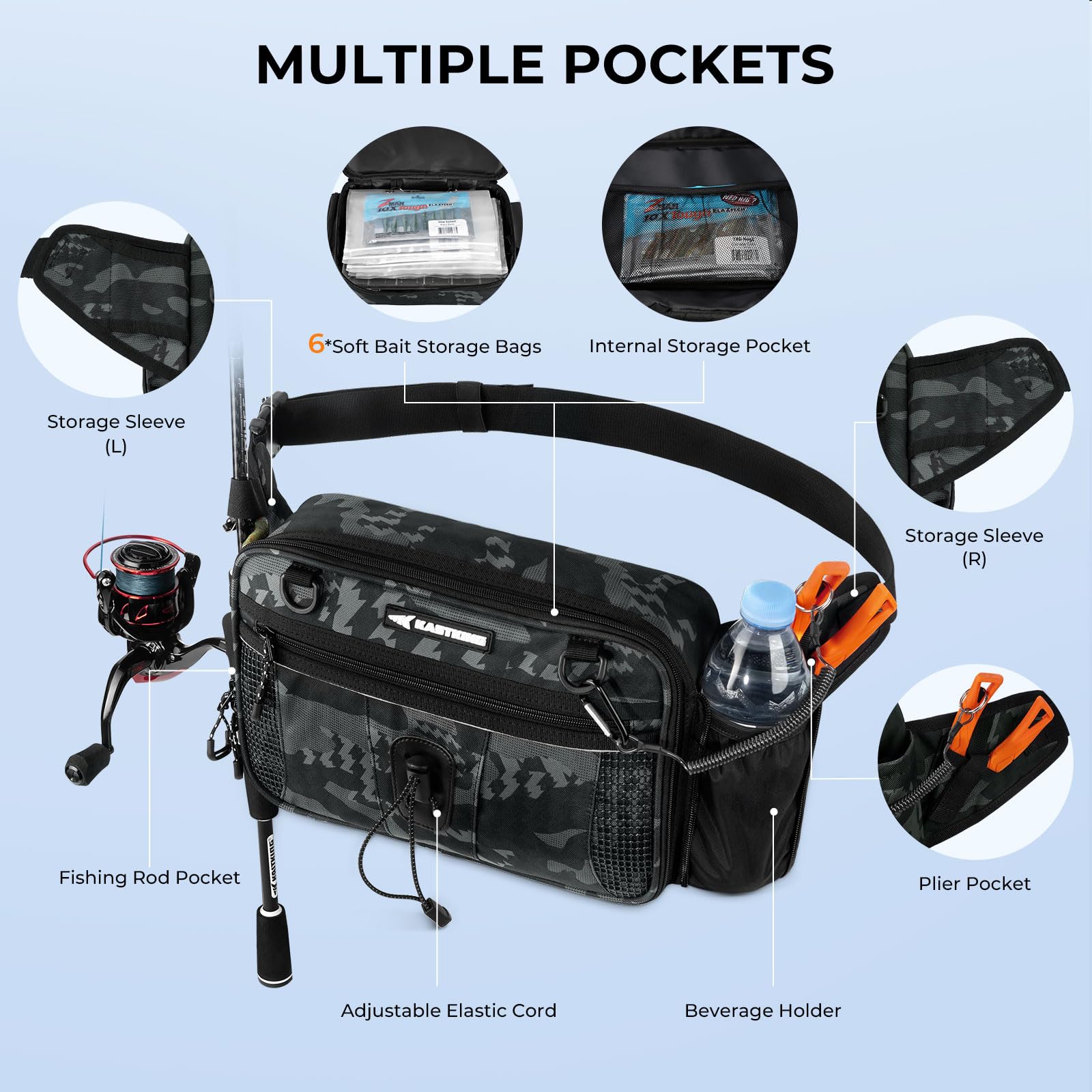 KastKing BaitSpace Waist Bag, Fishing Fanny Pack with Rod Holder,Black Camo