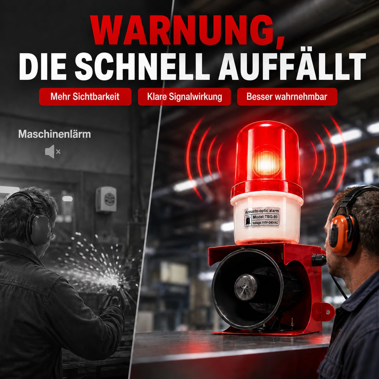 Valchoose Industrielle Alarmsirene 115 dB mit LED-Blitzlicht, IP65