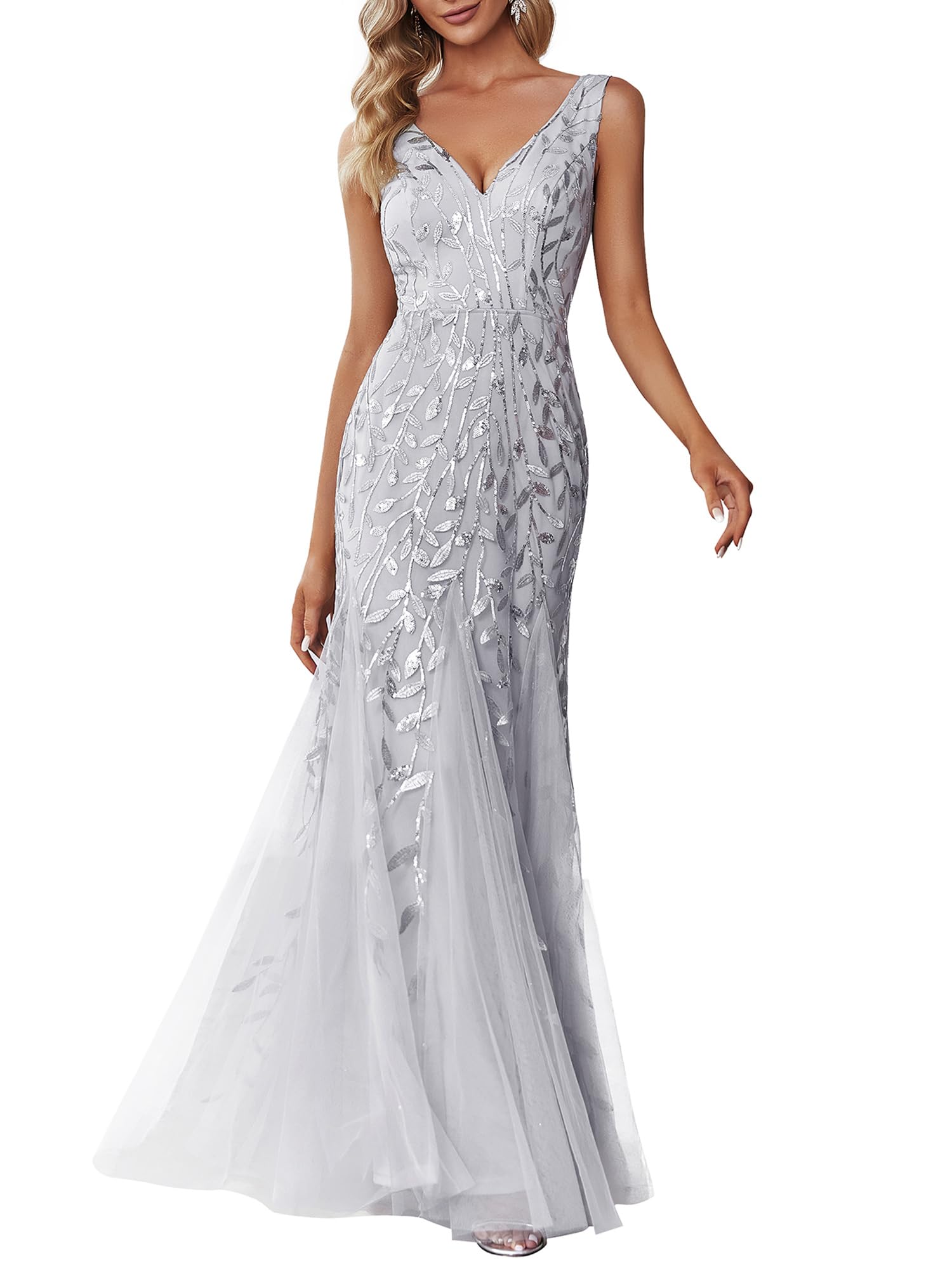 Ever-Pretty Abito da sera lungo da donna con paillettes tulle doppio scollo a V senza maniche sirena 07886