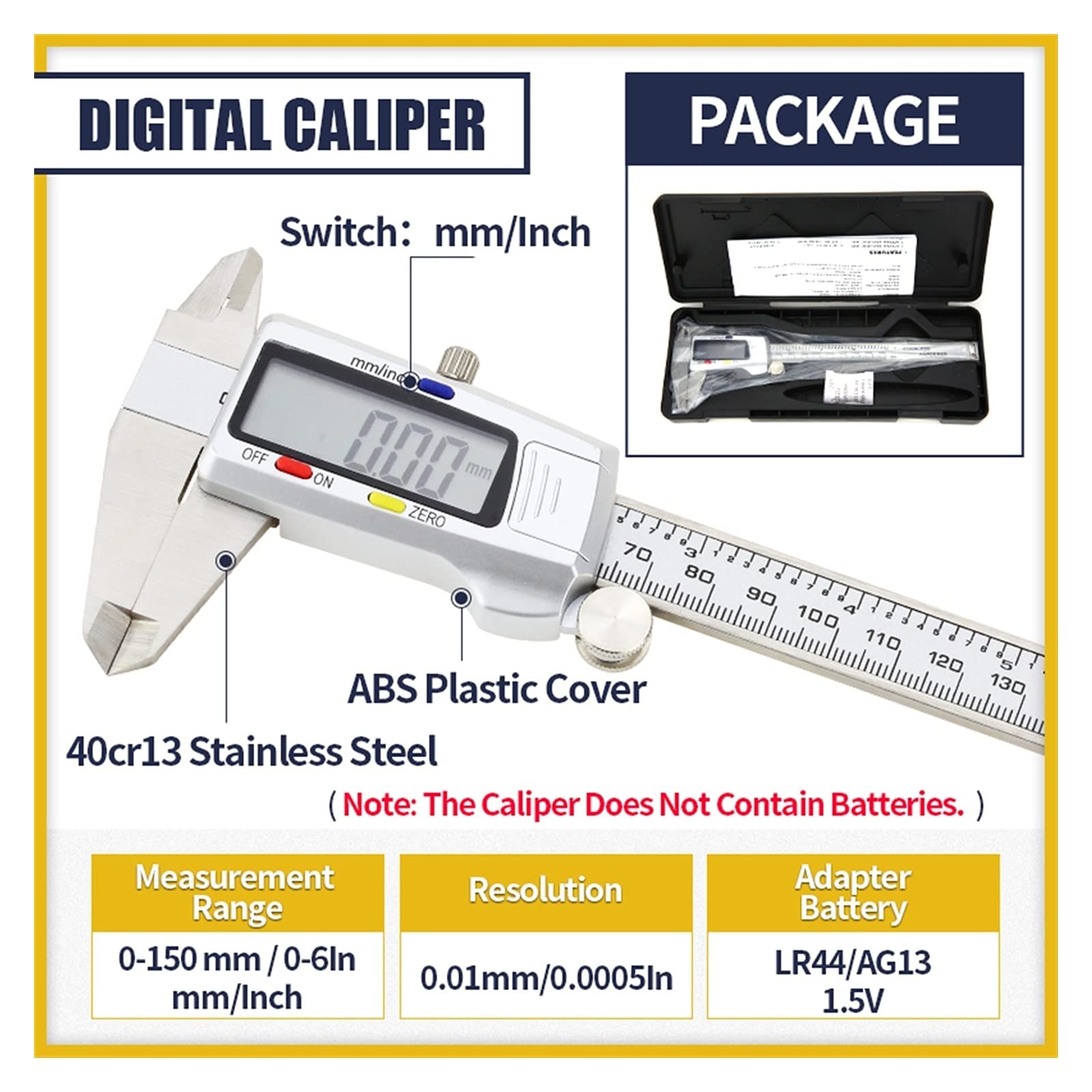 Calibrador de metal digital Acero inoxidable VERNIER CALIPADORES MICRÓMÓMICO ELECTRÓNICO Micrómetro Profundidad MEDICIÓN MEDICIÓN INSTRUMENTO 0-150mm(Box Digital Caliper)