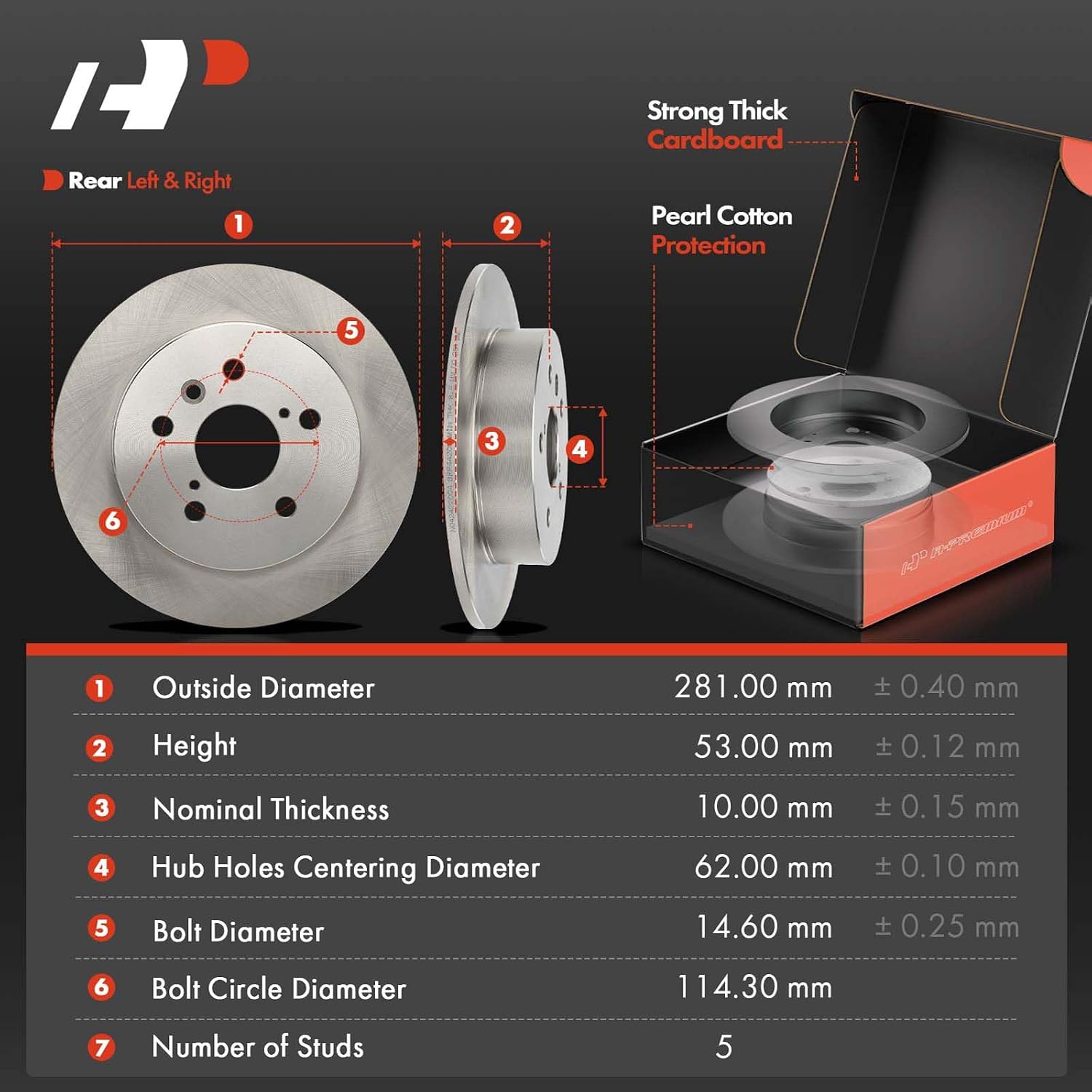 A-Premium 11.18 inch (281mm) Rear Solid Disc Brake Rotors + Ceramic Pads Kit Compatible with Select Toyota Models - Camry 2018 2019 2020, 6-PC Set