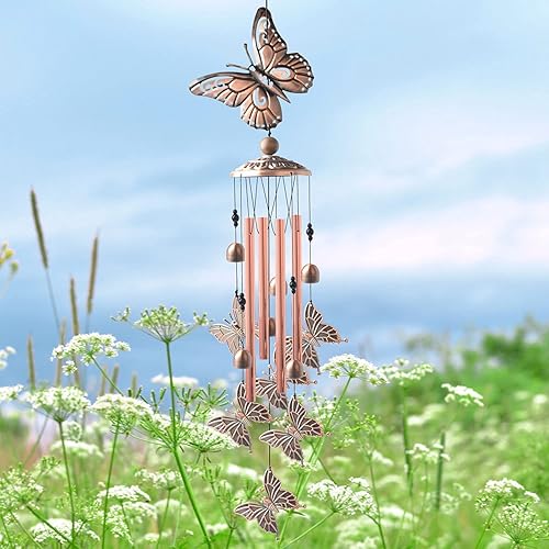 Miniatura 8 de Campana de viento de mariposa para exterior, 34 pulgadas de longitud, campanilla de viento de mariposa conmemorativa con 4 tubos grandes de aluminio