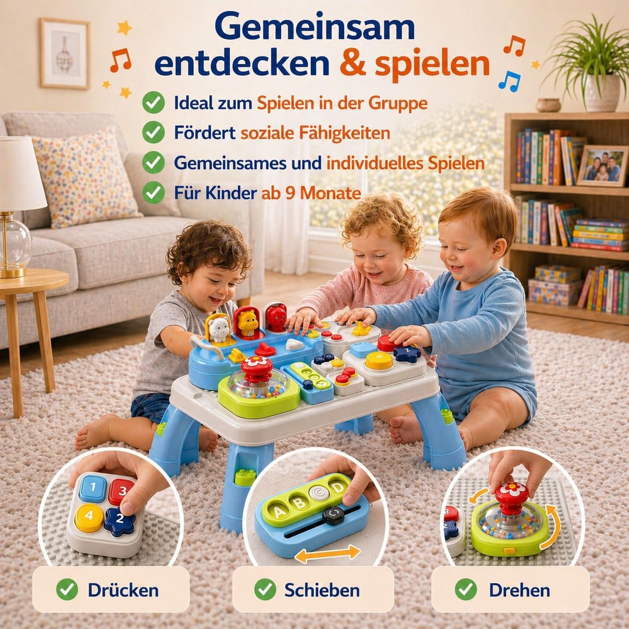 AMAYO - Baby Aktivitätstisch Montessori ab 9-36 Monate – Interaktiver Babys Entdeckertisch Spieltisch mit Motorikspielzeug, Musik & Lernspielen – Lernspielzeug oder Geschenk für Babys & Kleinkinder