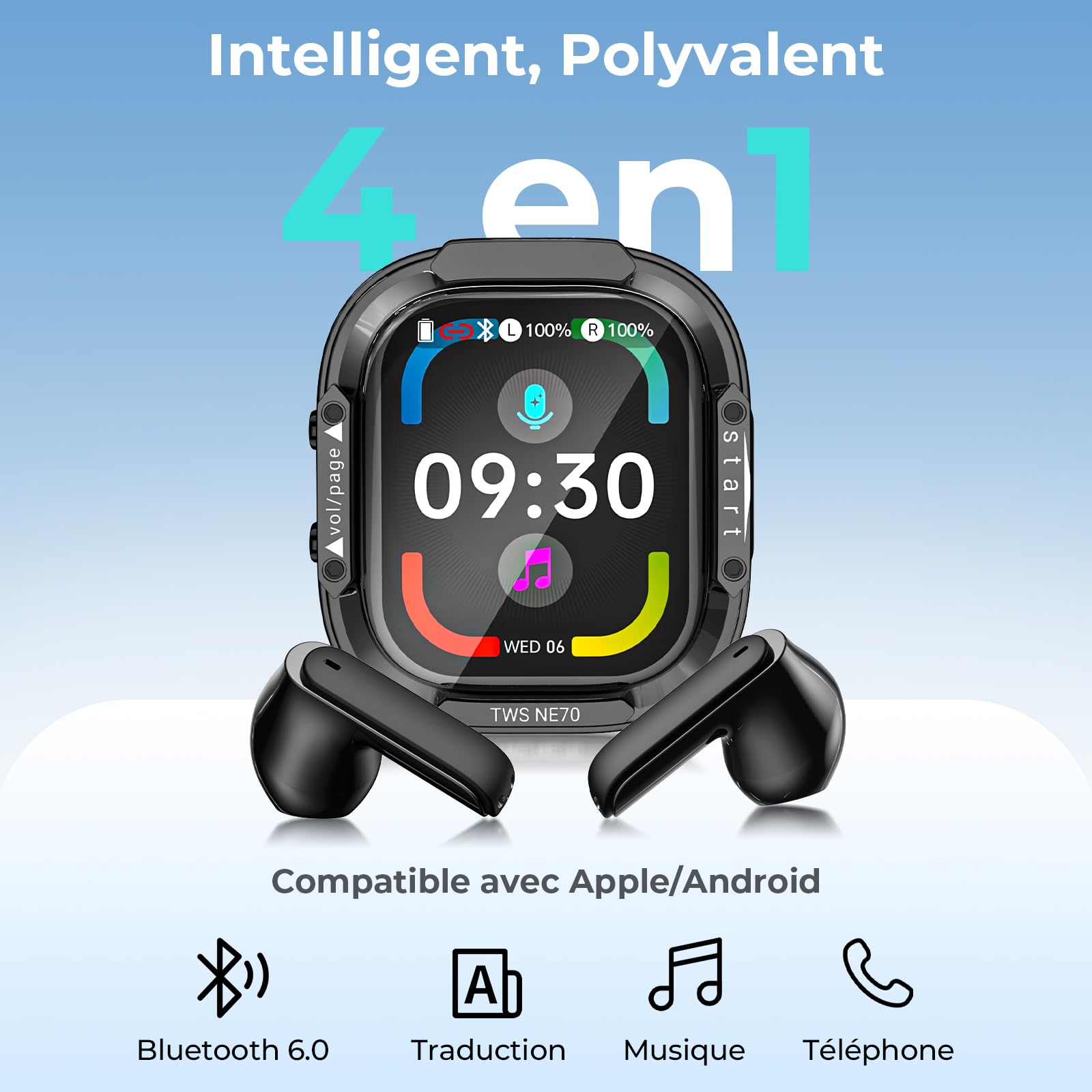 NE70 AI Écouteur Traducteur Instantané avec Écran LCD, 150 Langues et 9 Modes de Traduction, Traducteur Vocal Instantané en Direct Bluetooth 6.0, Oreillette Traduction Instantanée 60H pour Voyage